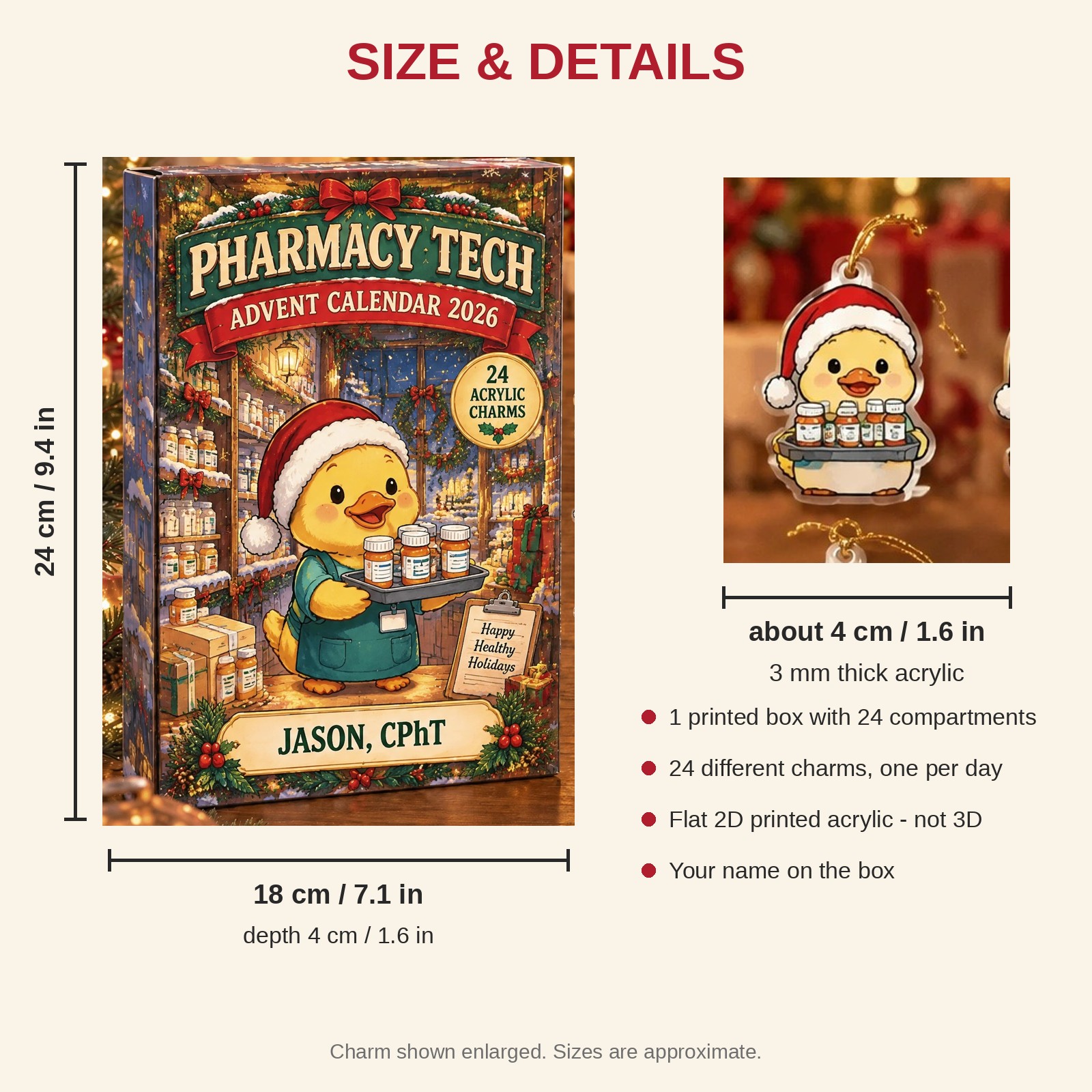 Personalized Pharmacy Tech Duck advent calendar box with 24 flat acrylic Christmas charms: box and charm sizes
