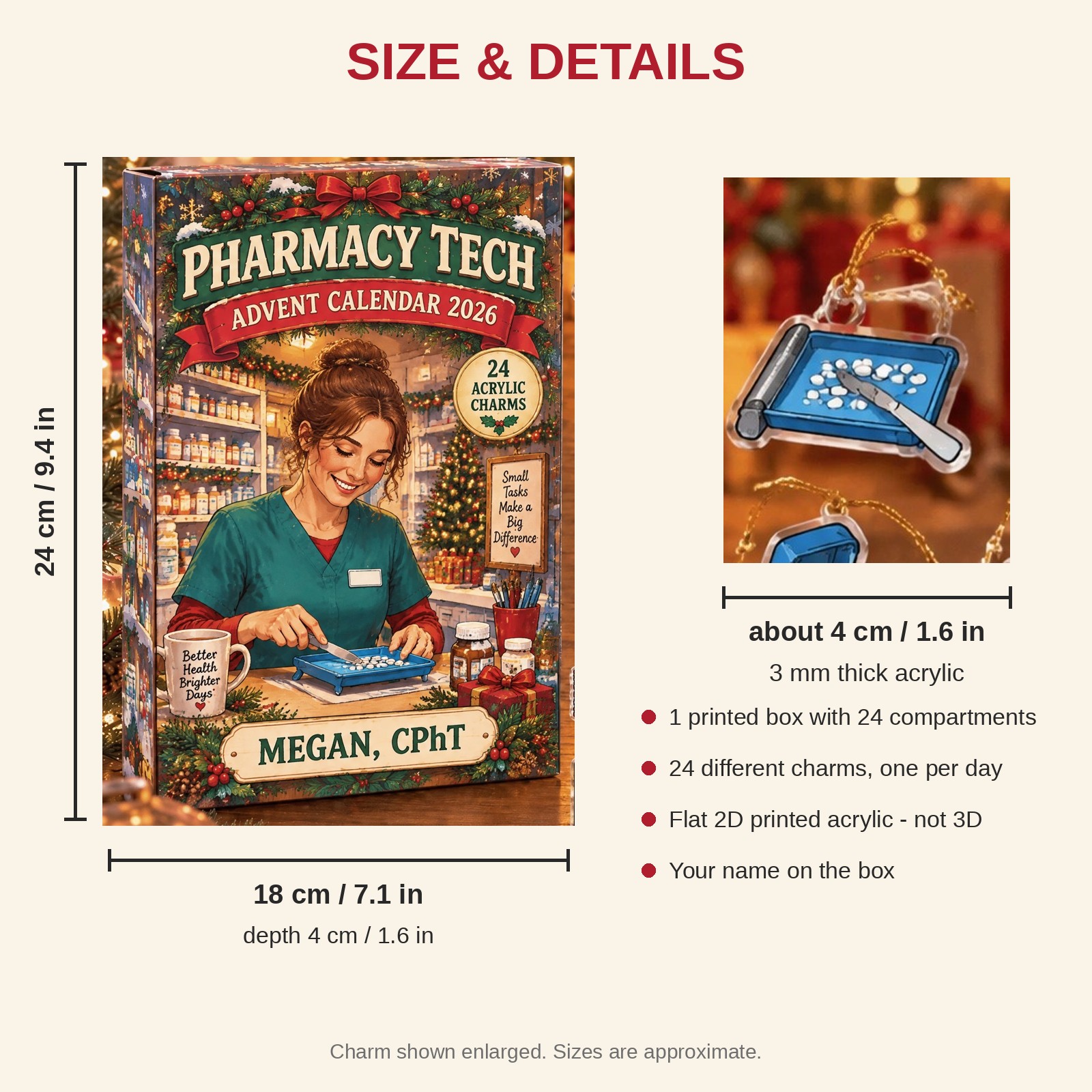 Personalized Pharmacy Tech Essentials advent calendar box with 24 flat acrylic Christmas charms: box and charm sizes