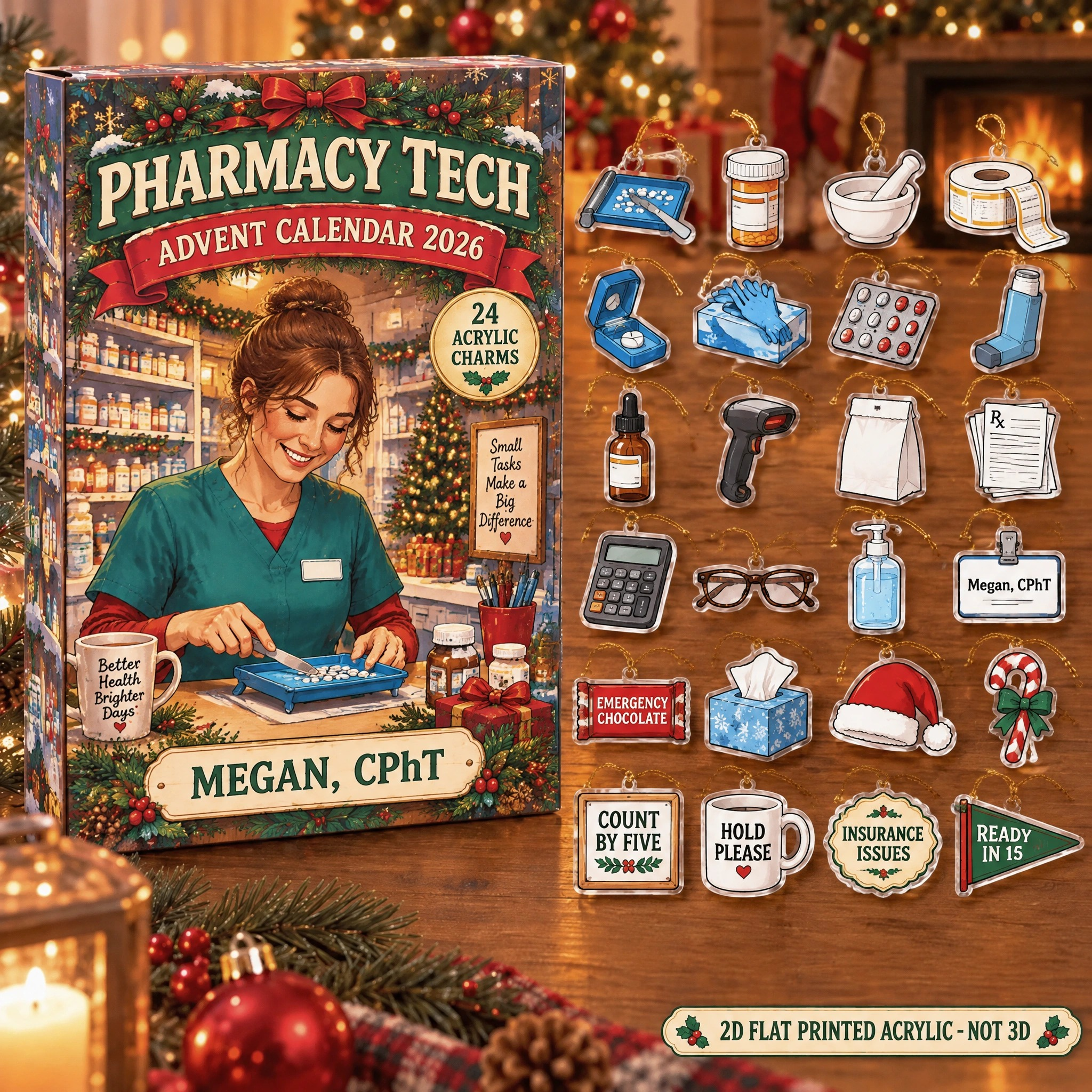Personalized Pharmacy Tech Essentials advent calendar box with 24 flat acrylic Christmas charms
