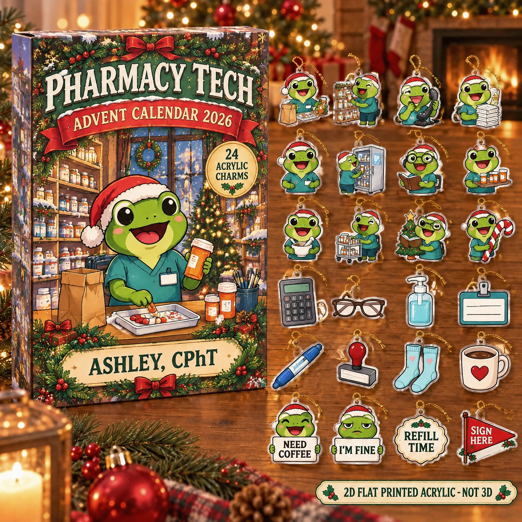 Personalized Pharmacy Tech Frog advent calendar box with 24 flat acrylic Christmas charms