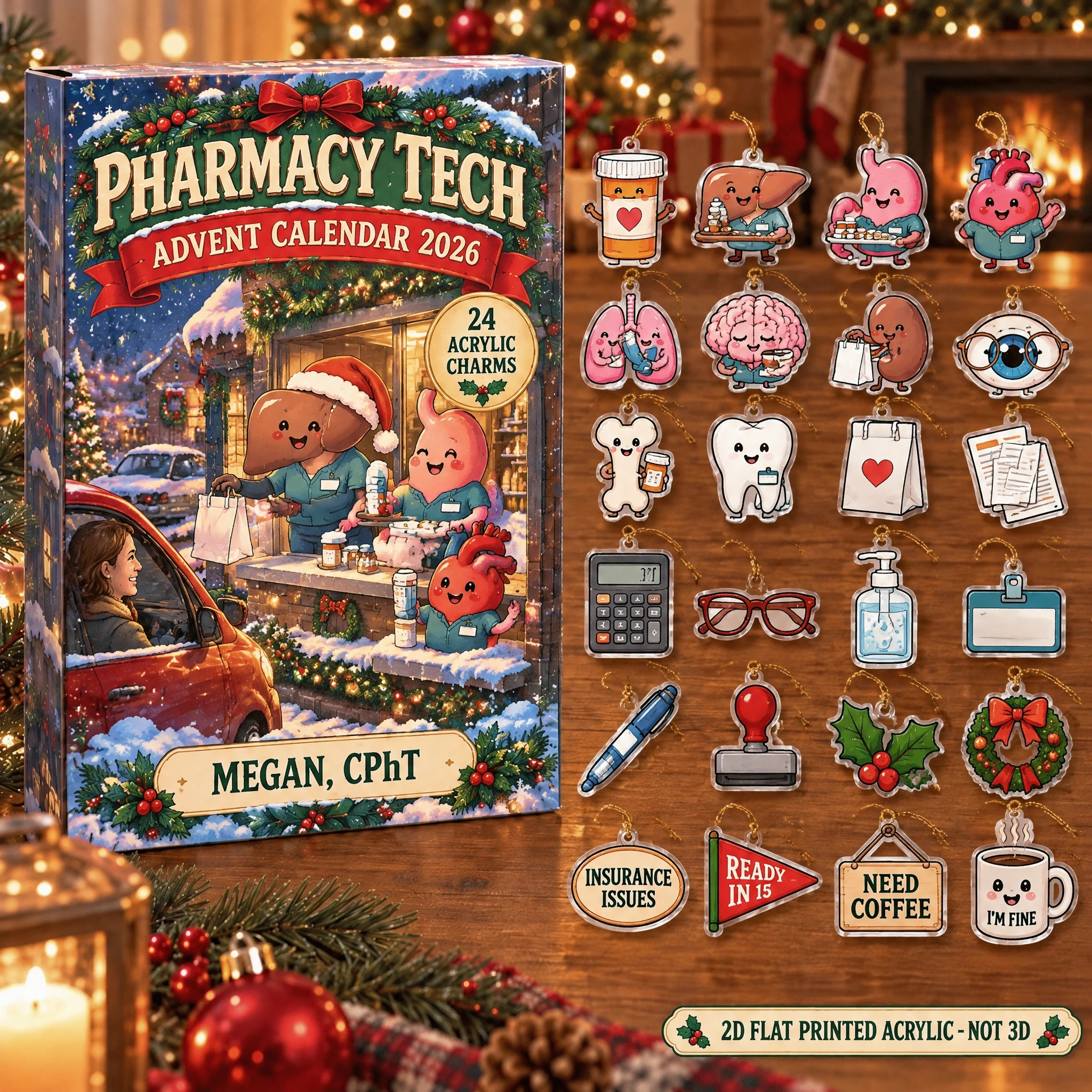 Personalized Funny Anatomy Pharmacy Tech advent calendar box with 24 flat acrylic Christmas charms