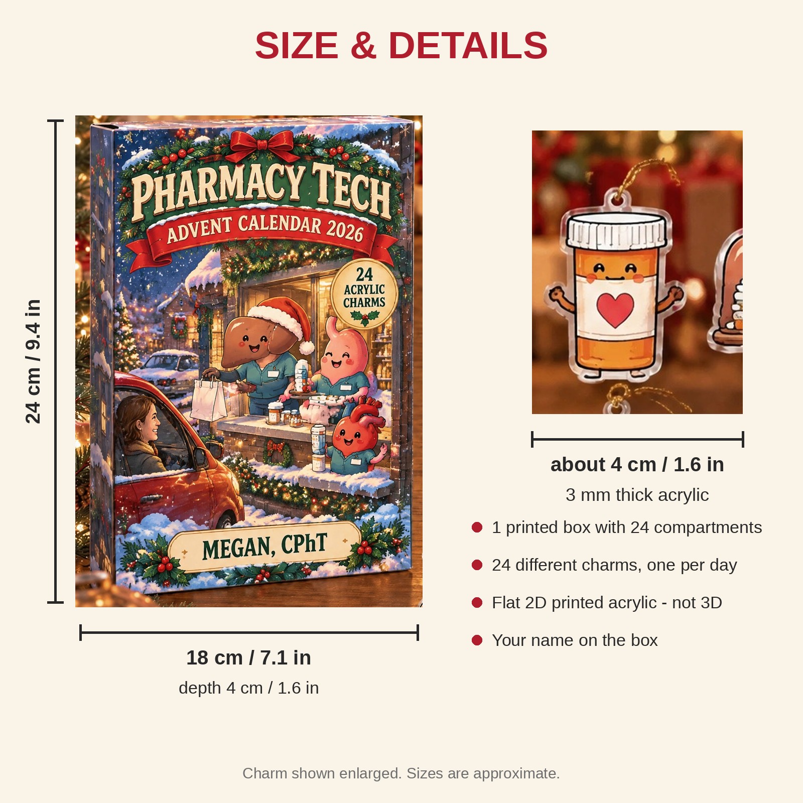 Personalized Funny Anatomy Pharmacy Tech advent calendar box with 24 flat acrylic Christmas charms: box and charm sizes