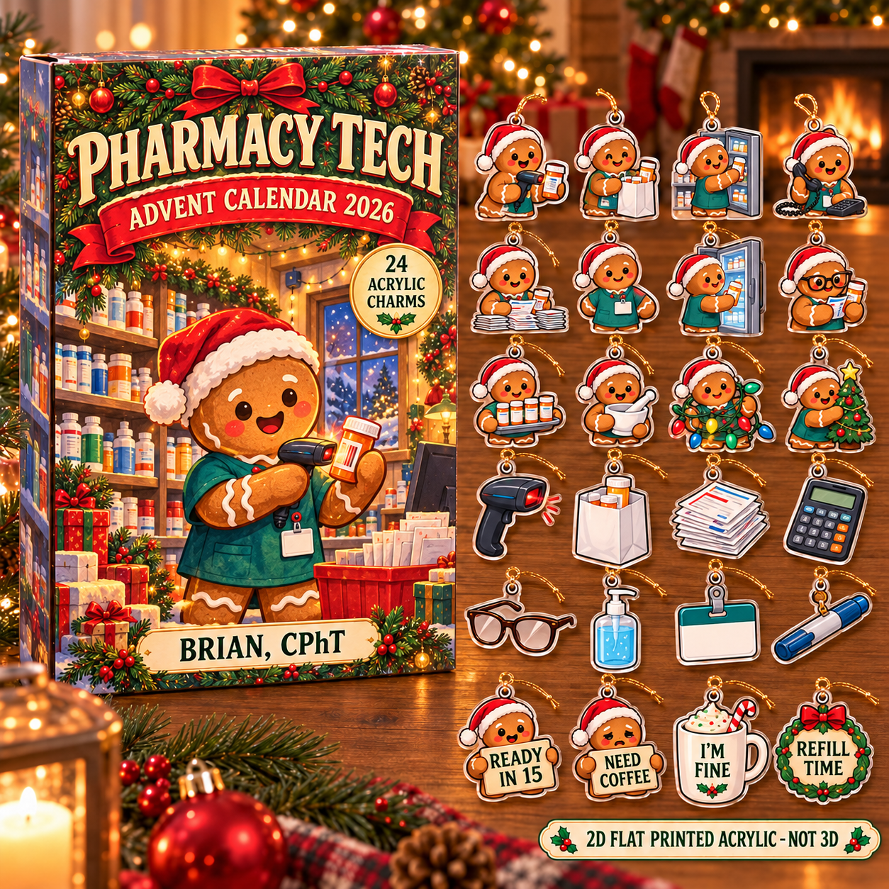 Personalized Pharmacy Tech Gingerbread advent calendar box with 24 flat acrylic Christmas charms