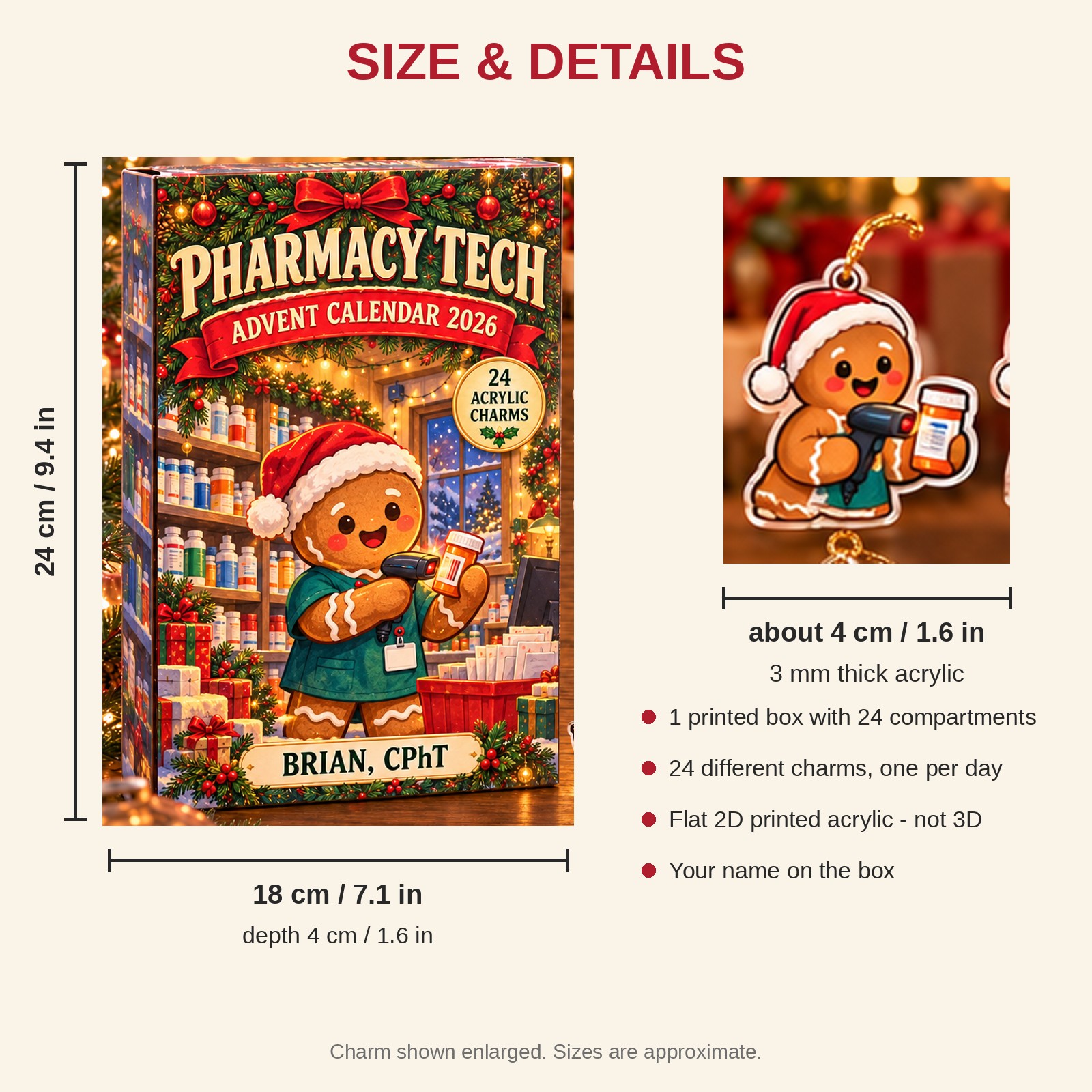 Personalized Pharmacy Tech Gingerbread advent calendar box with 24 flat acrylic Christmas charms: box and charm sizes