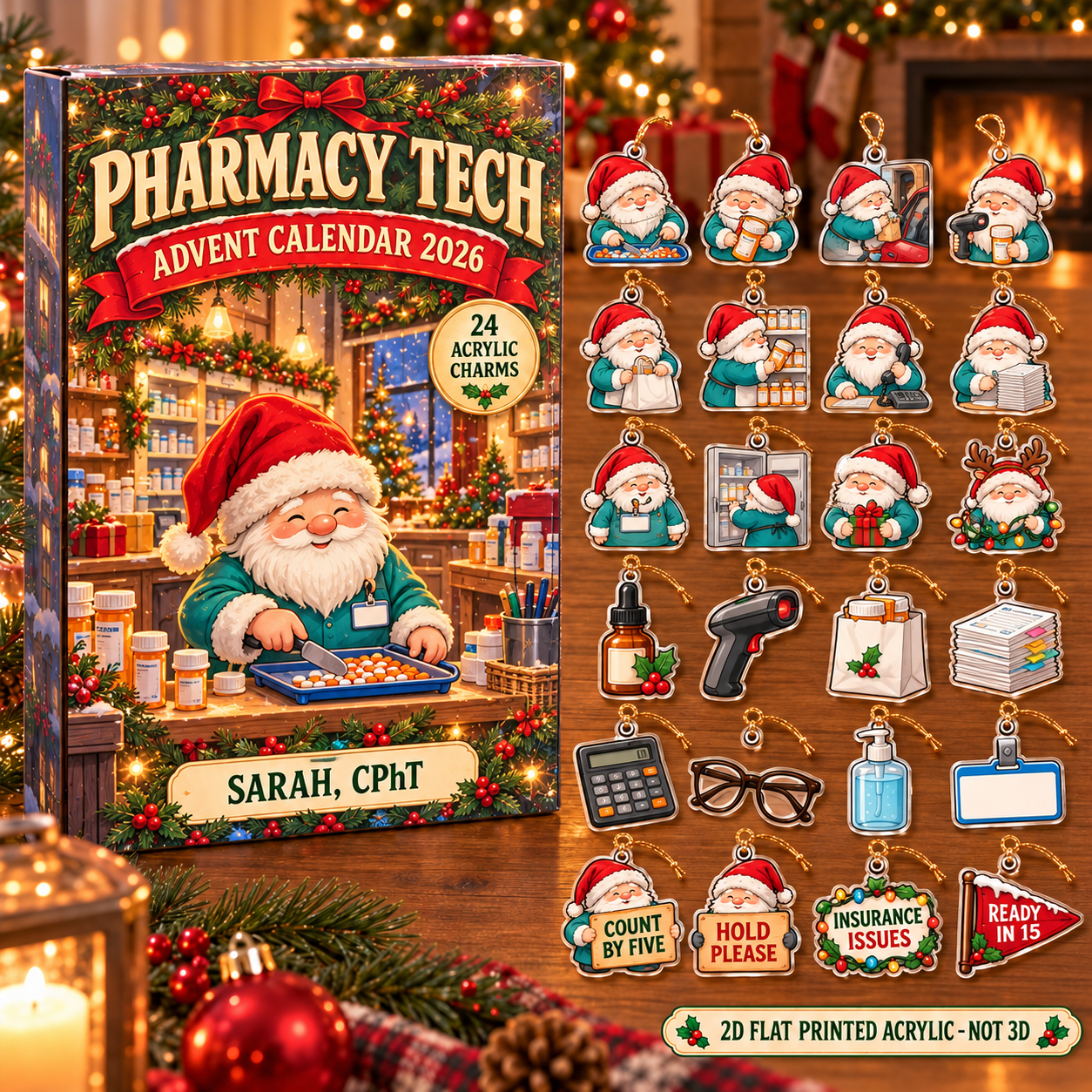 Personalized Pharmacy Tech Gnome advent calendar box with 24 flat acrylic Christmas charms