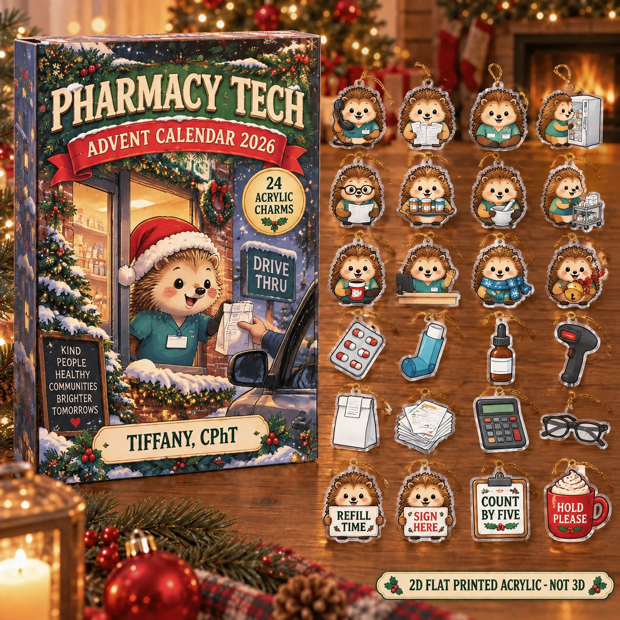Personalized Pharmacy Tech Hedgehog advent calendar box with 24 flat acrylic Christmas charms