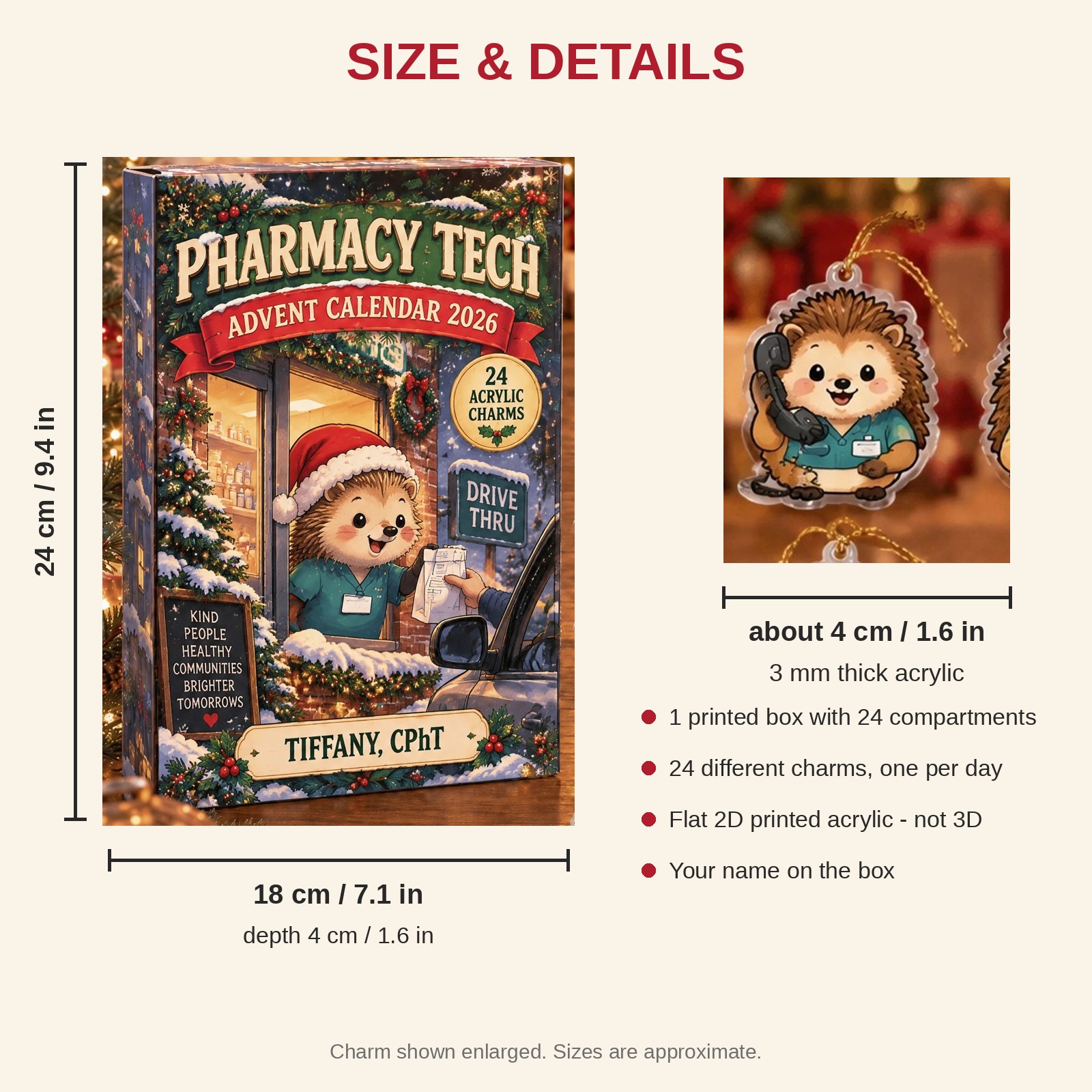 Personalized Pharmacy Tech Hedgehog advent calendar box with 24 flat acrylic Christmas charms: box and charm sizes