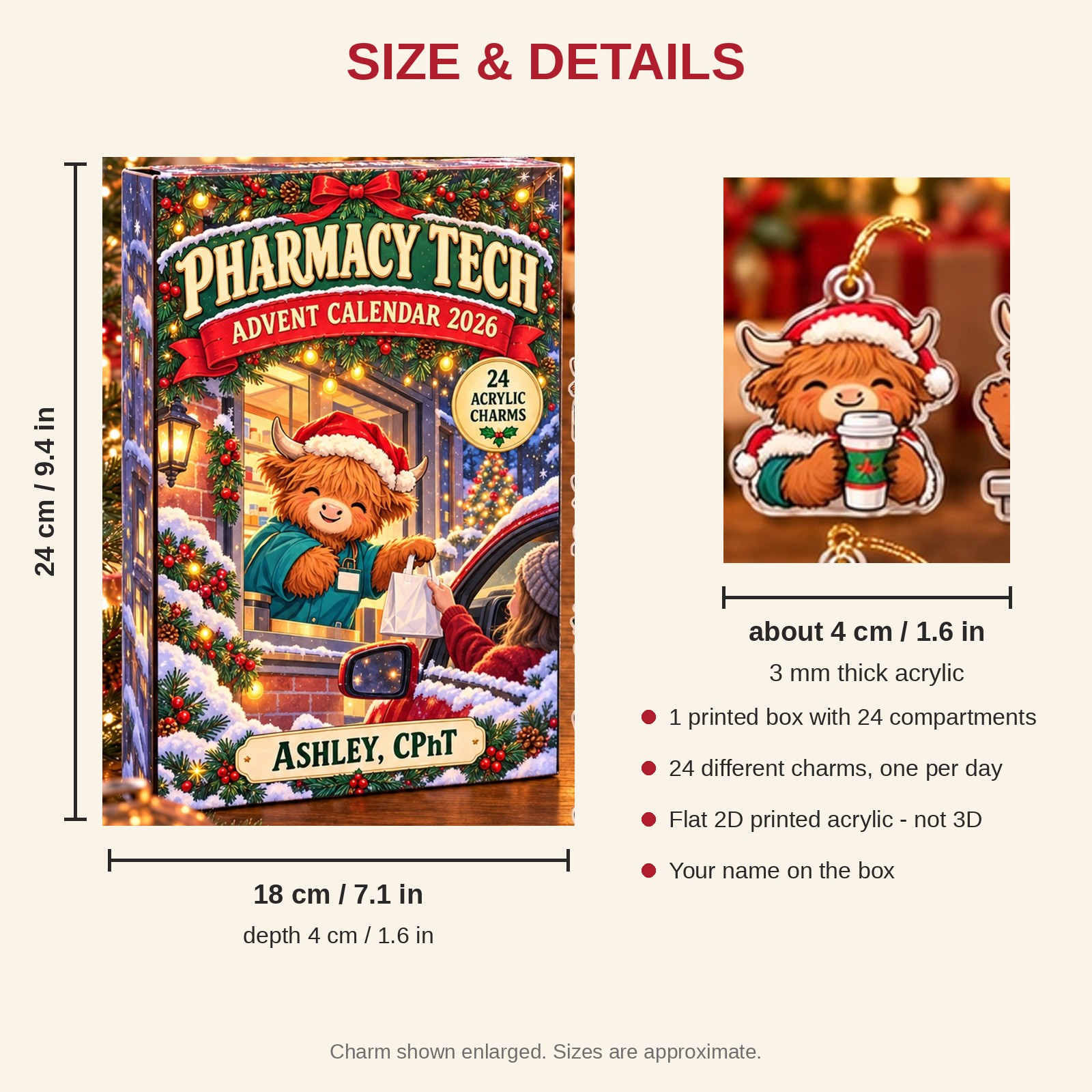 Personalized Pharmacy Tech Highland Cow advent calendar box with 24 flat acrylic Christmas charms: box and charm sizes