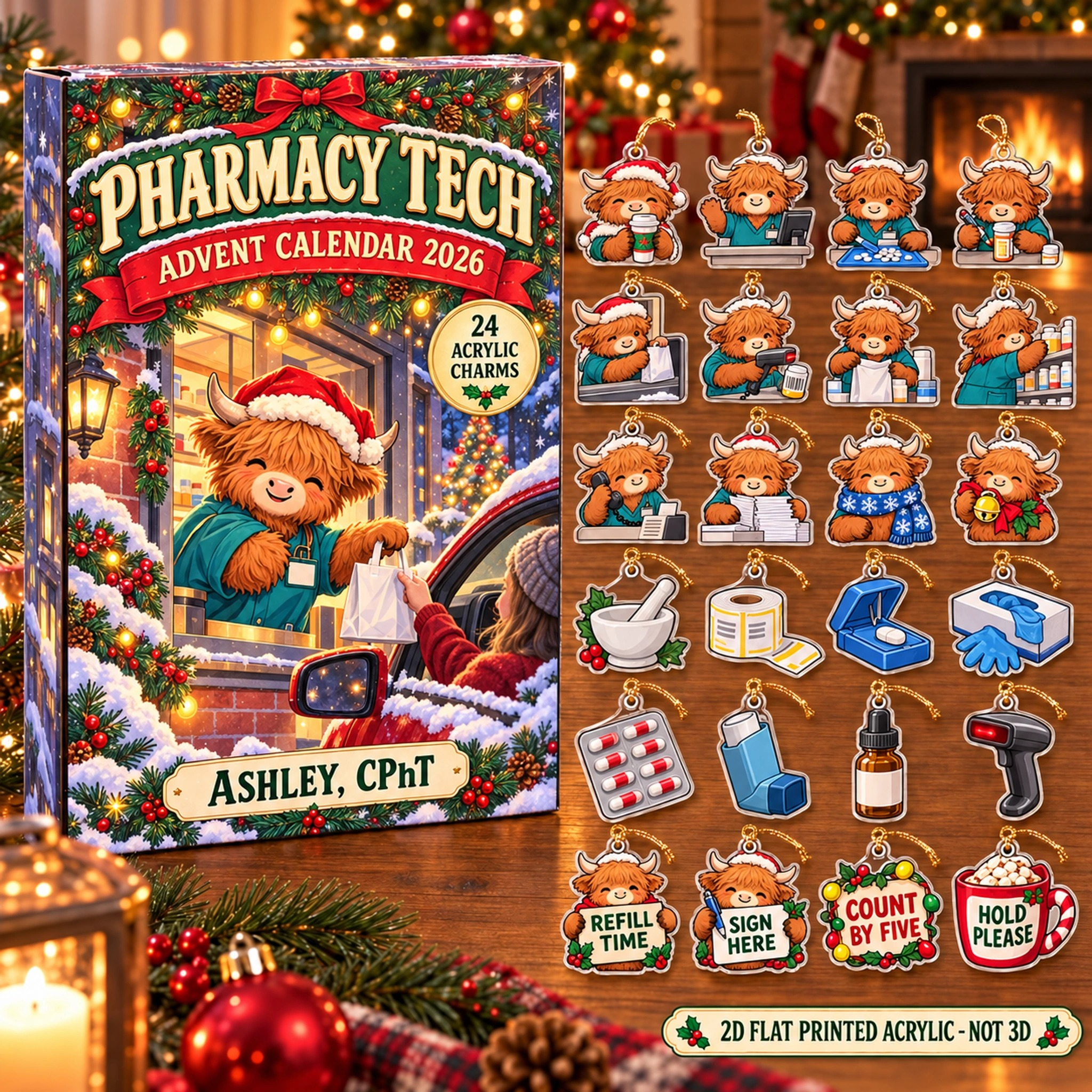 Personalized Pharmacy Tech Highland Cow advent calendar box with 24 flat acrylic Christmas charms
