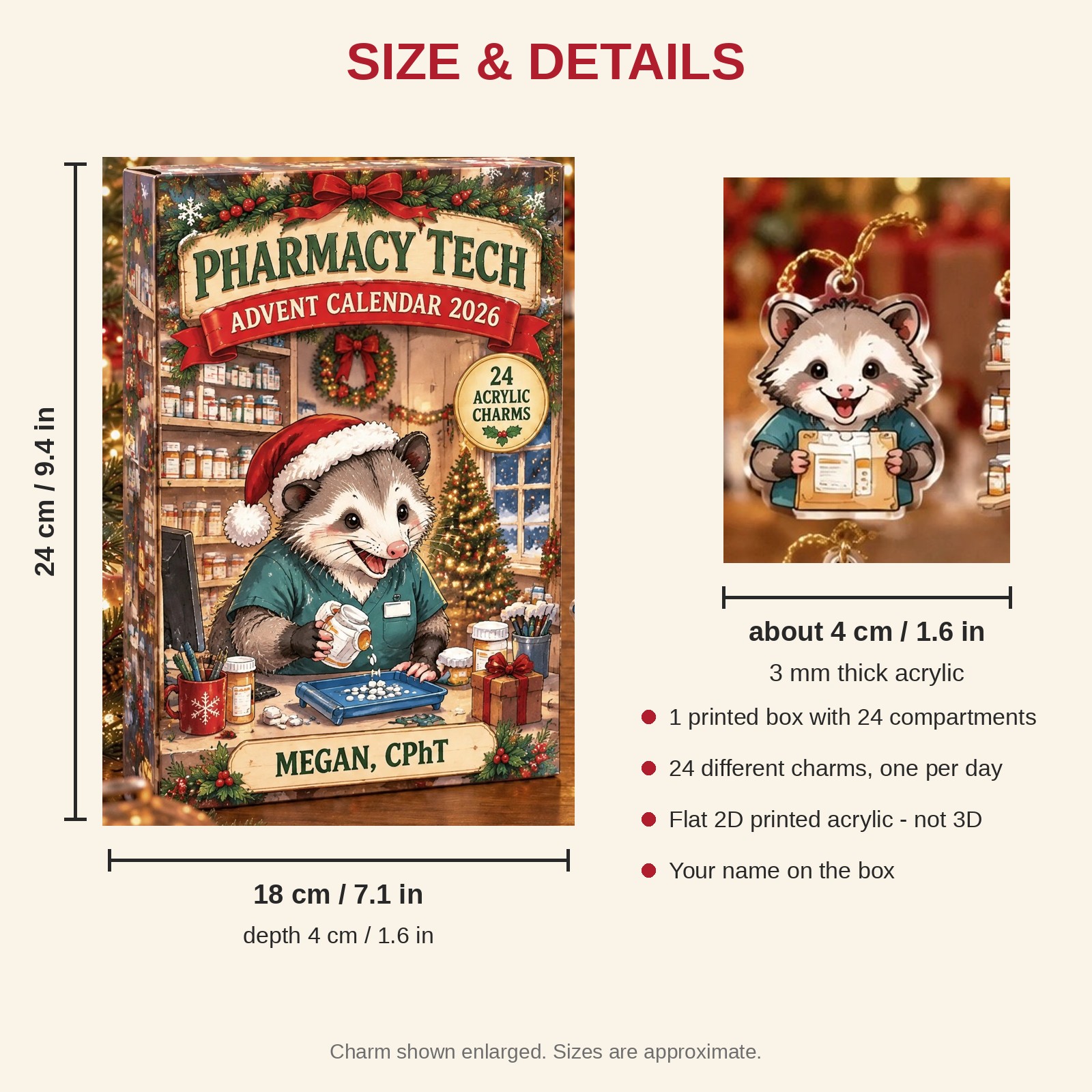 Personalized Pharmacy Tech Opossum advent calendar box with 24 flat acrylic Christmas charms: box and charm sizes
