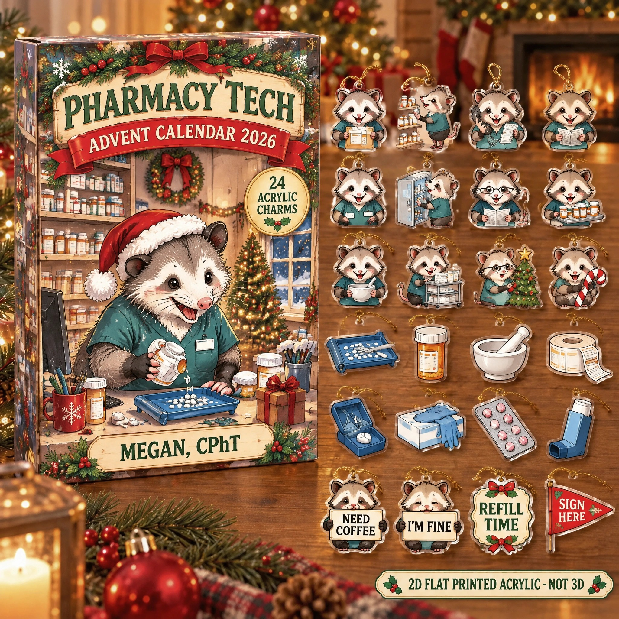 Personalized Pharmacy Tech Opossum advent calendar box with 24 flat acrylic Christmas charms