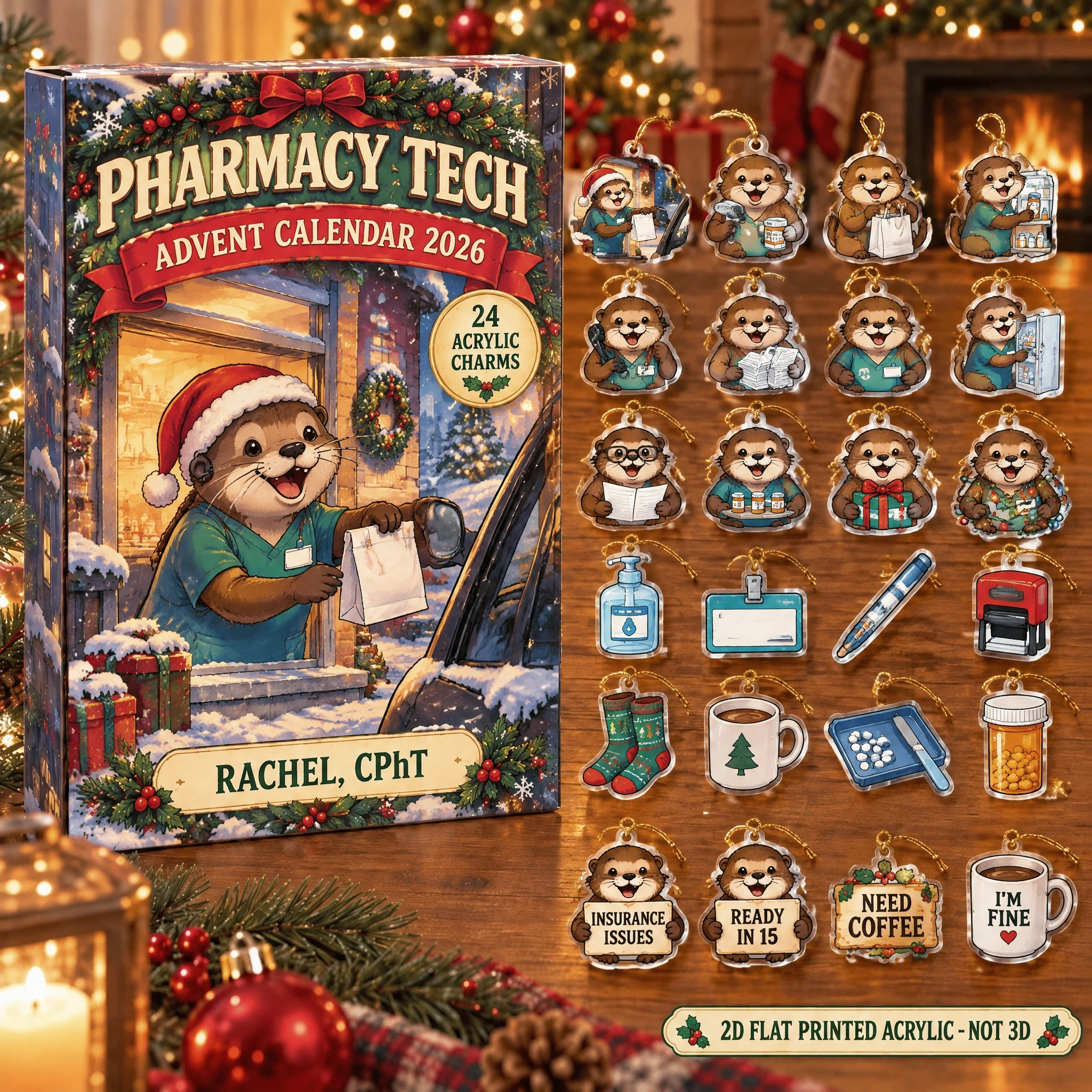 Personalized Pharmacy Tech Otter advent calendar box with 24 flat acrylic Christmas charms