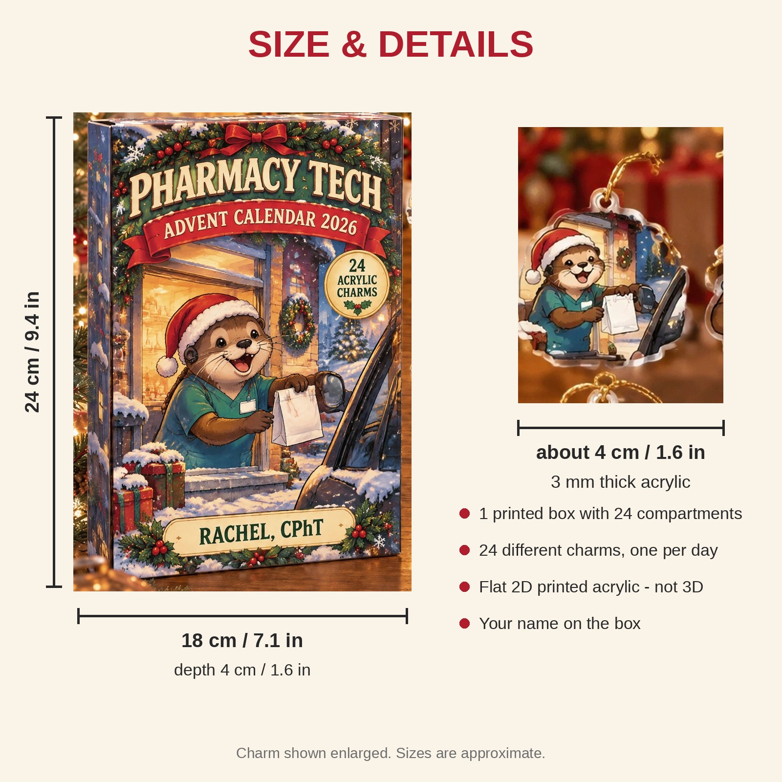 Personalized Pharmacy Tech Otter advent calendar box with 24 flat acrylic Christmas charms: box and charm sizes
