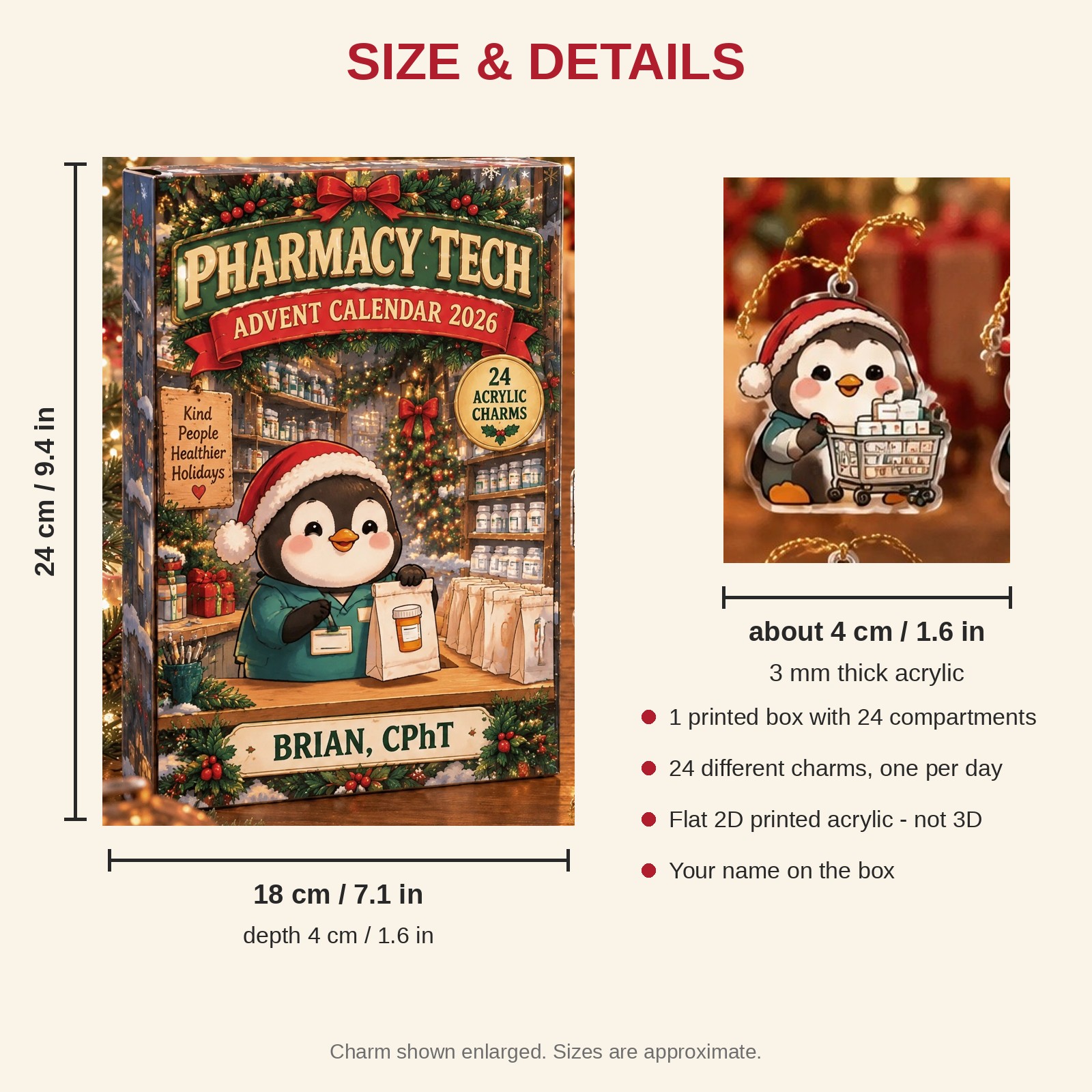 Personalized Pharmacy Tech Penguin advent calendar box with 24 flat acrylic Christmas charms: box and charm sizes
