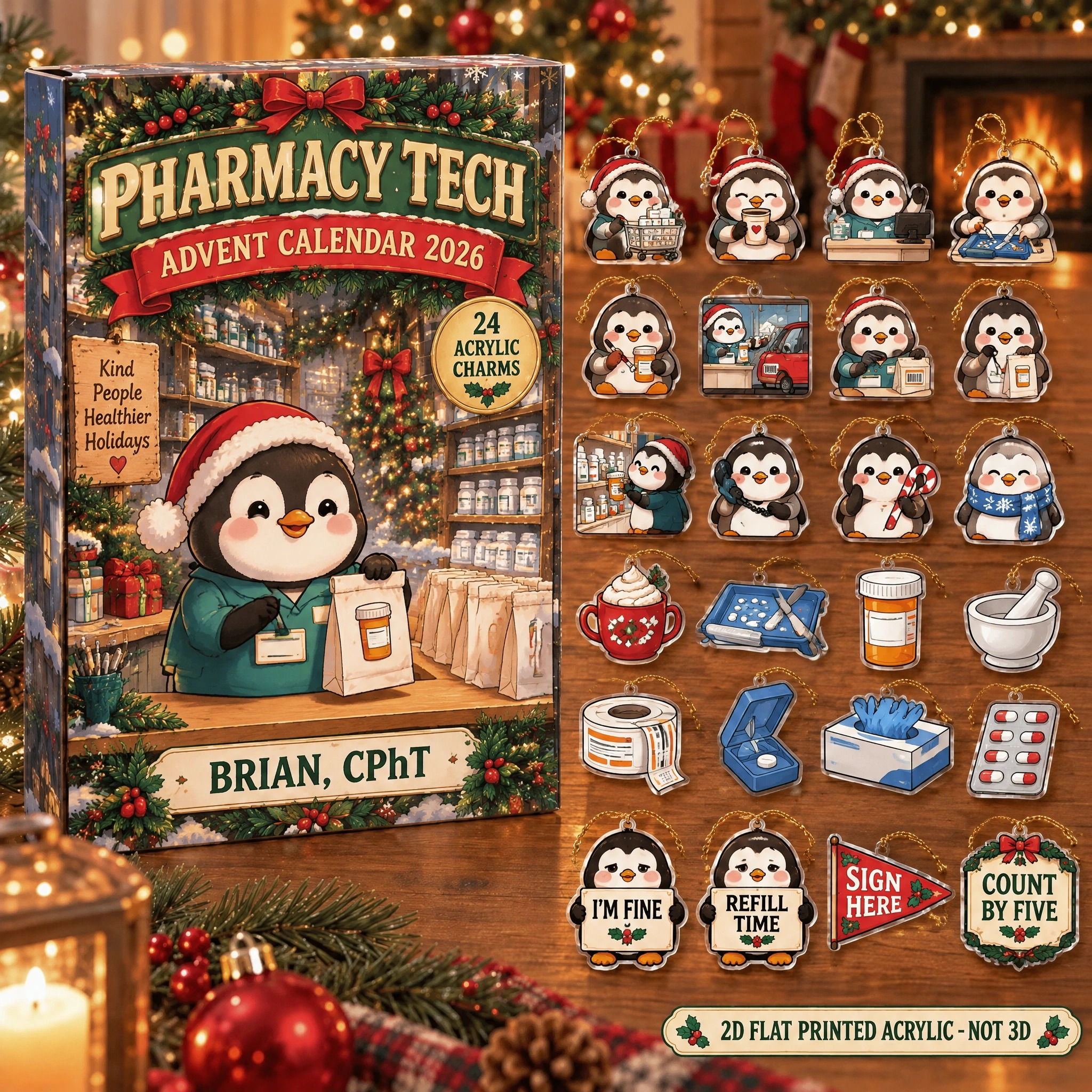 Personalized Pharmacy Tech Penguin advent calendar box with 24 flat acrylic Christmas charms