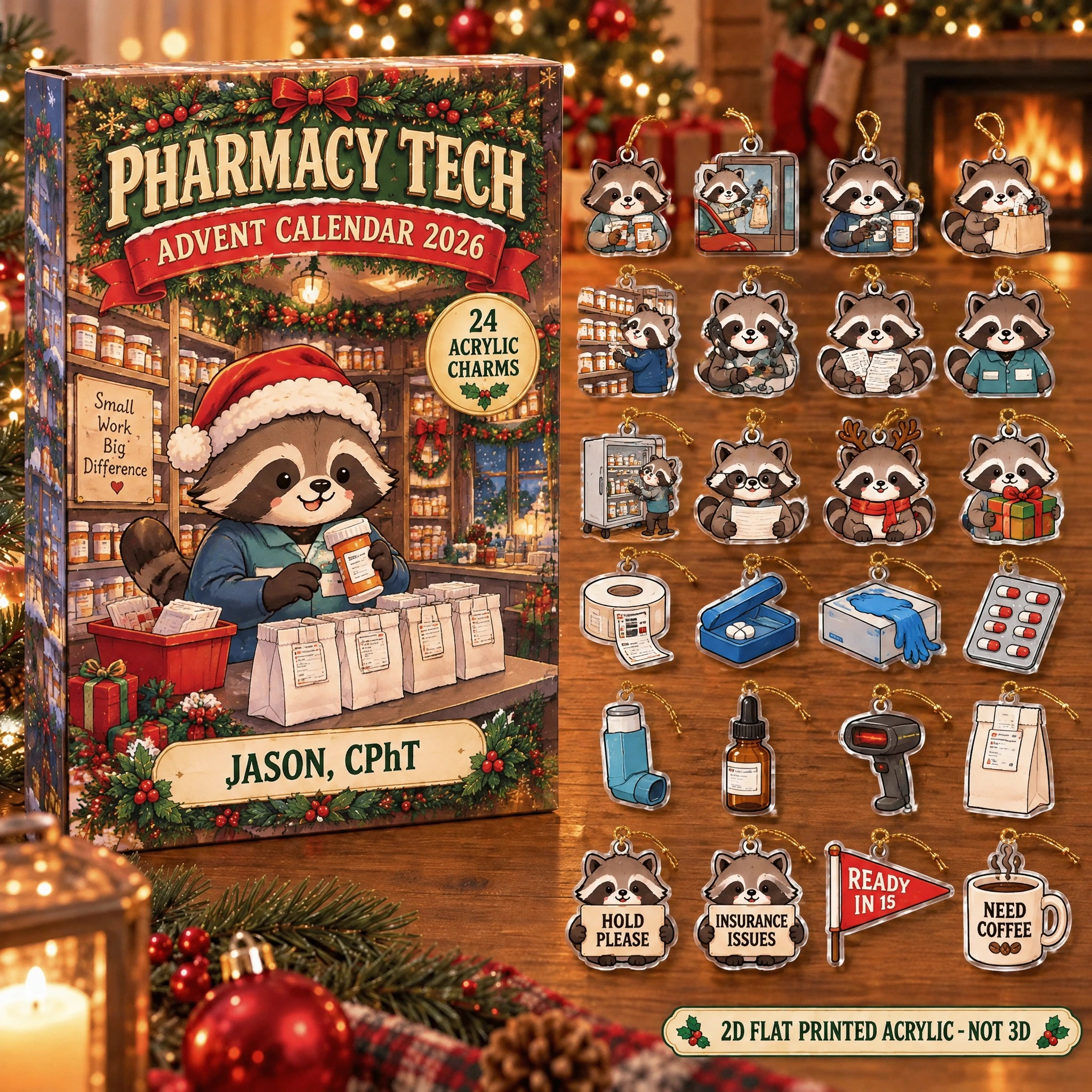 Personalized Pharmacy Tech Raccoon advent calendar box with 24 flat acrylic Christmas charms