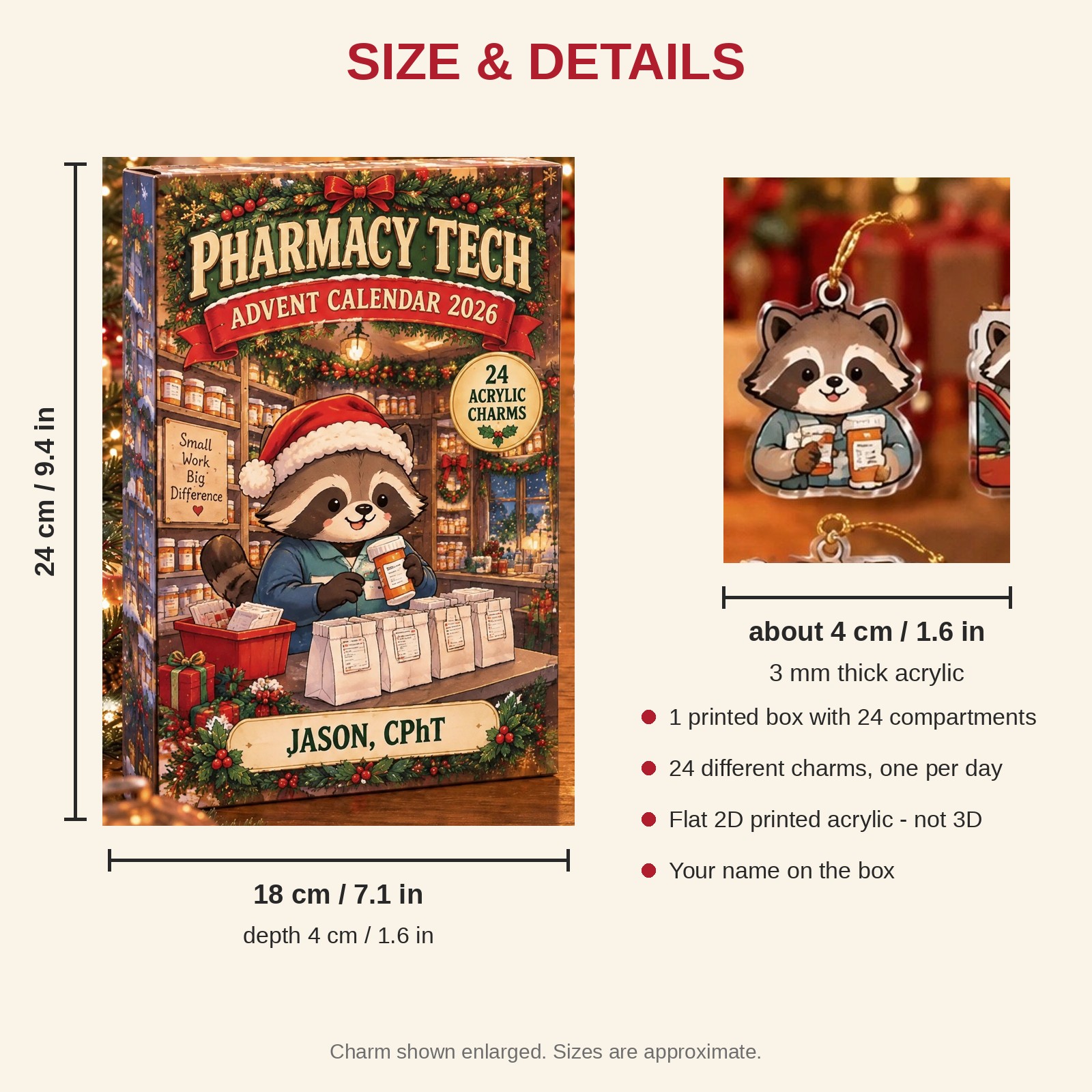 Personalized Pharmacy Tech Raccoon advent calendar box with 24 flat acrylic Christmas charms: box and charm sizes