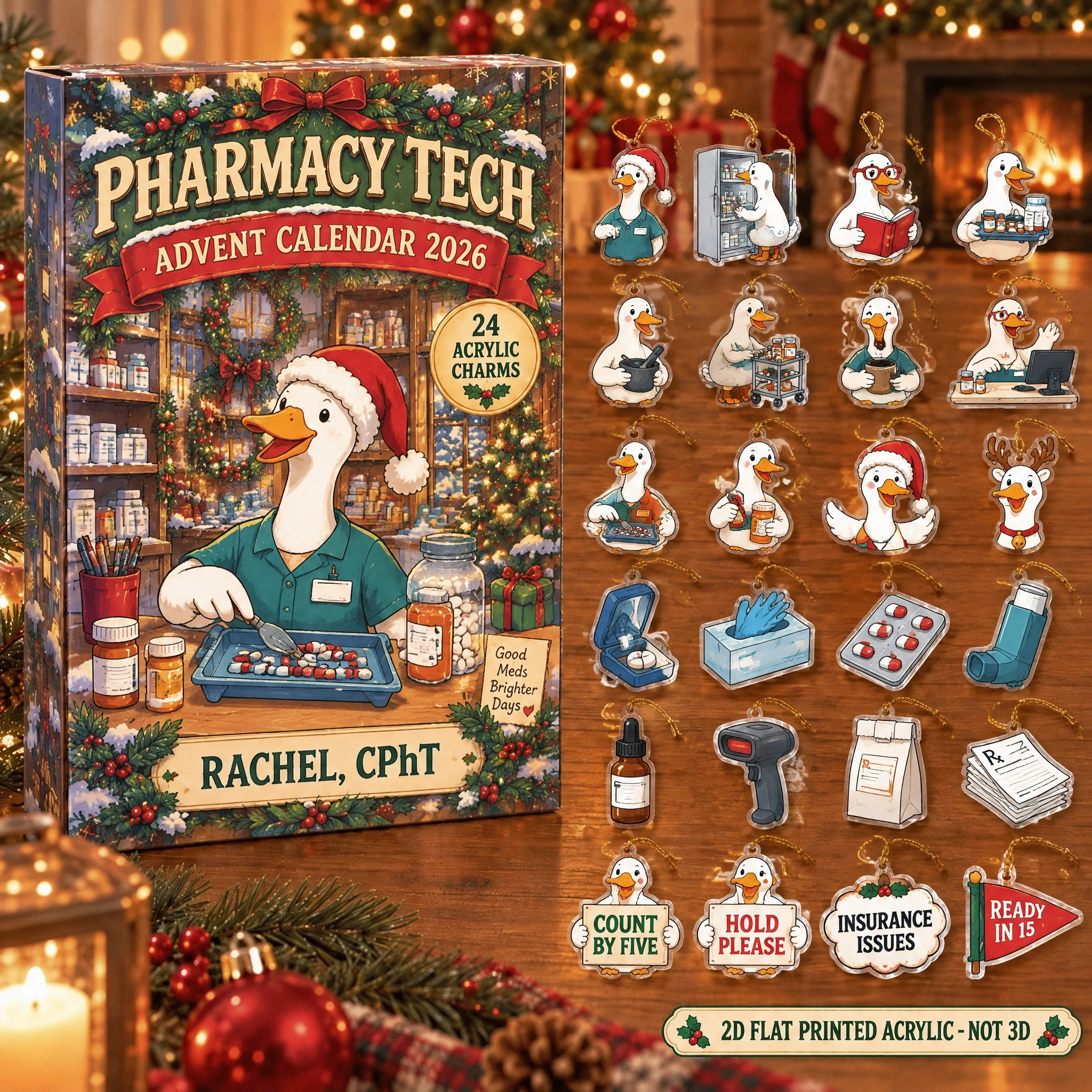 Personalized Pharmacy Tech Silly Goose advent calendar box with 24 flat acrylic Christmas charms