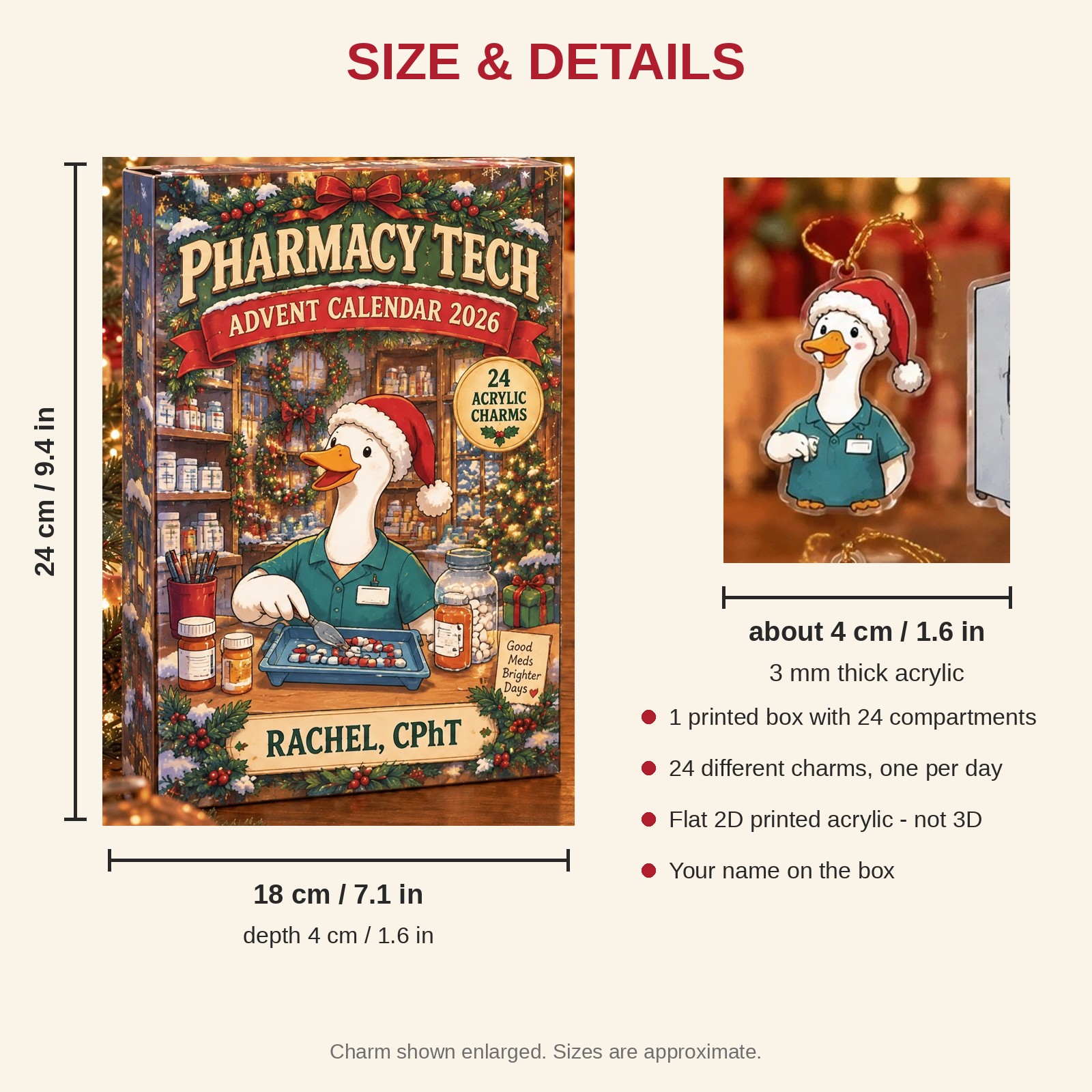 Personalized Pharmacy Tech Silly Goose advent calendar box with 24 flat acrylic Christmas charms: box and charm sizes