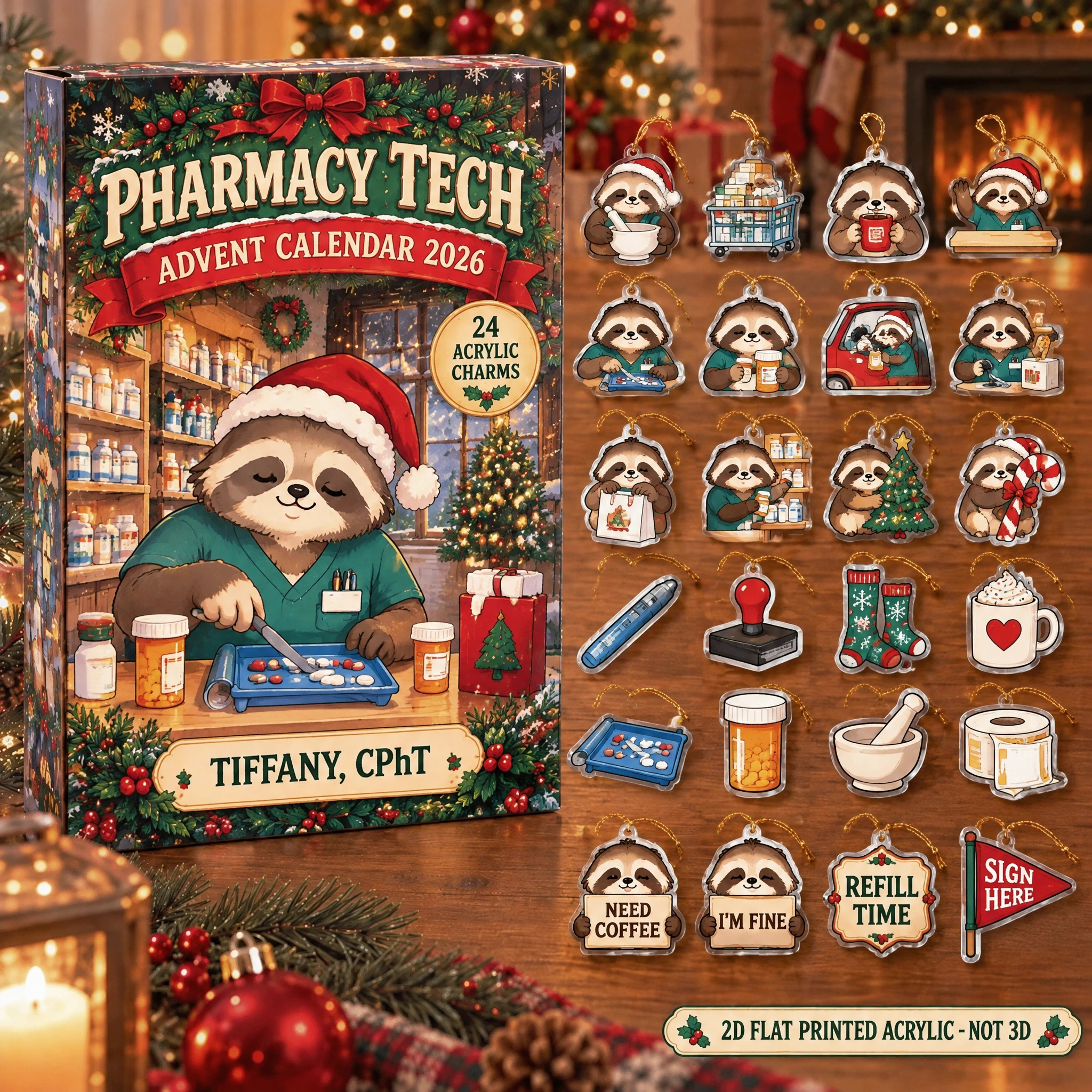 Personalized Pharmacy Tech Sloth advent calendar box with 24 flat acrylic Christmas charms