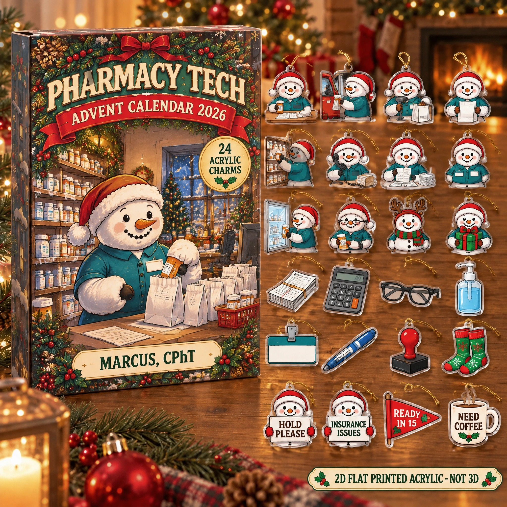 Personalized Pharmacy Tech Snowman advent calendar box with 24 flat acrylic Christmas charms