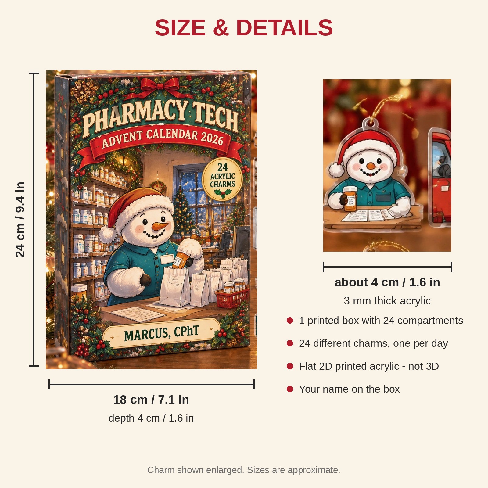 Personalized Pharmacy Tech Snowman advent calendar box with 24 flat acrylic Christmas charms: box and charm sizes