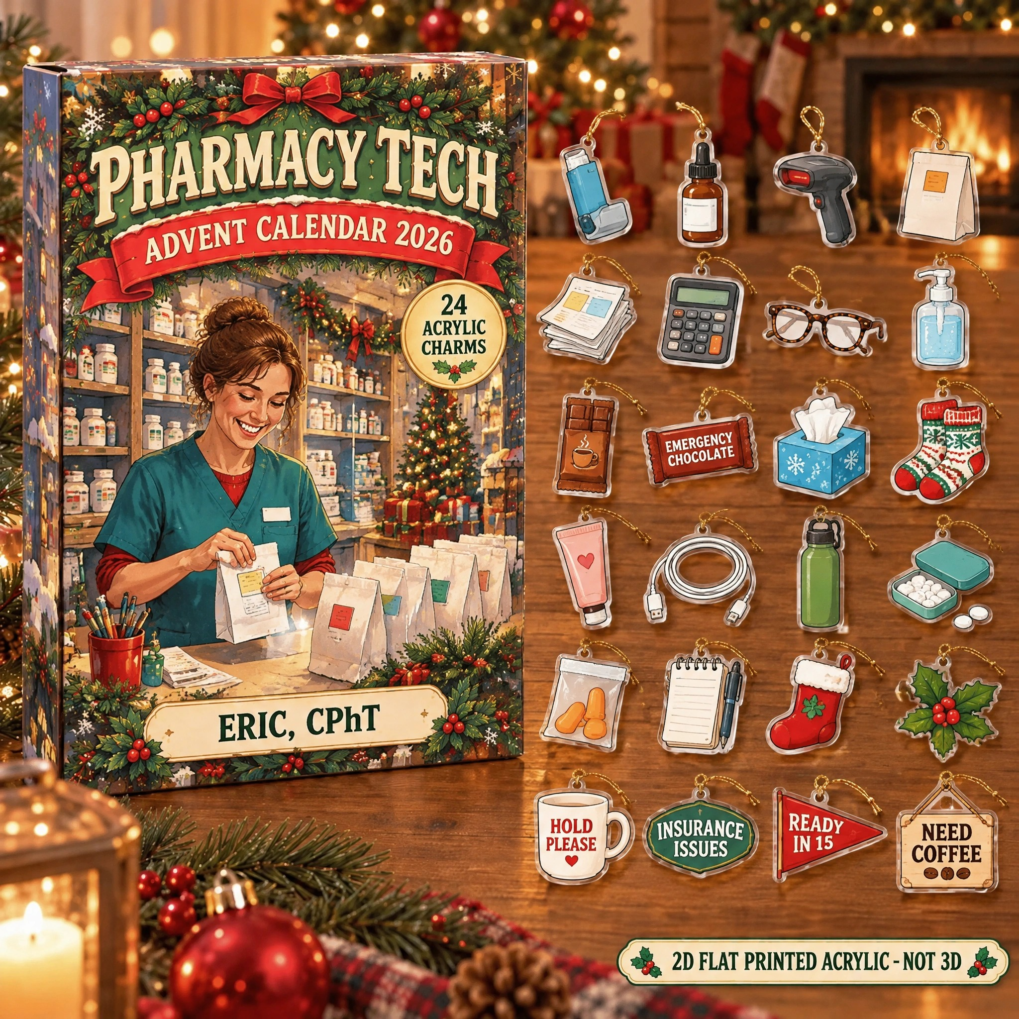 Personalized Pharmacy Tech Survival Kit advent calendar box with 24 flat acrylic Christmas charms