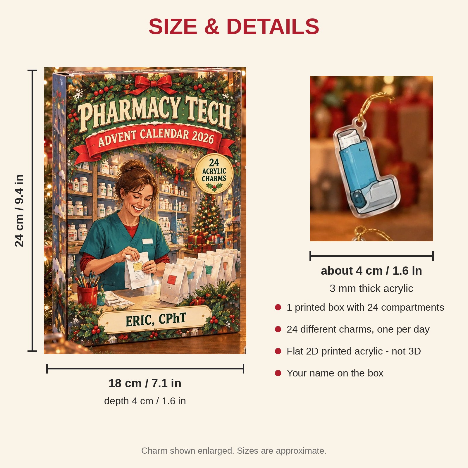 Personalized Pharmacy Tech Survival Kit advent calendar box with 24 flat acrylic Christmas charms: box and charm sizes