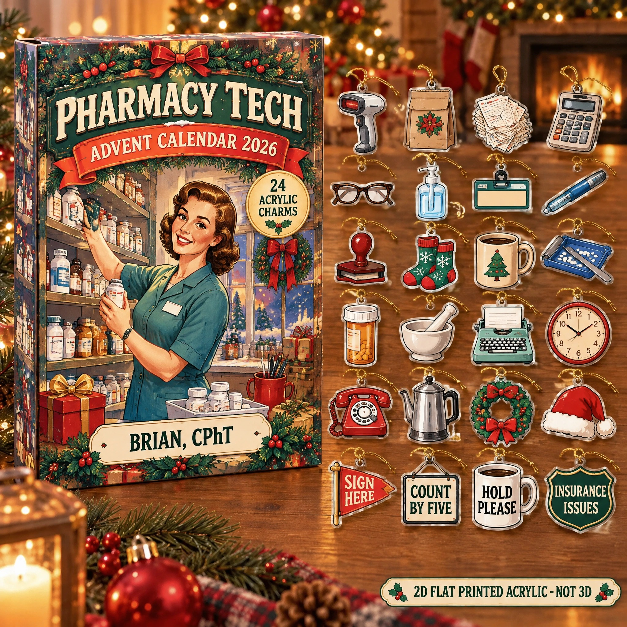 Personalized Vintage Pharmacy Tech advent calendar box with 24 flat acrylic Christmas charms