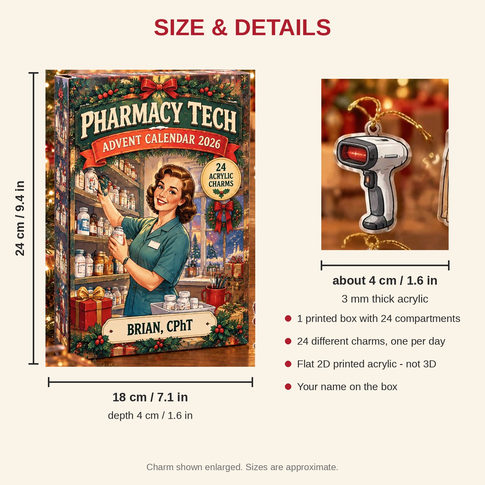 Personalized Vintage Pharmacy Tech advent calendar box with 24 flat acrylic Christmas charms: box and charm sizes