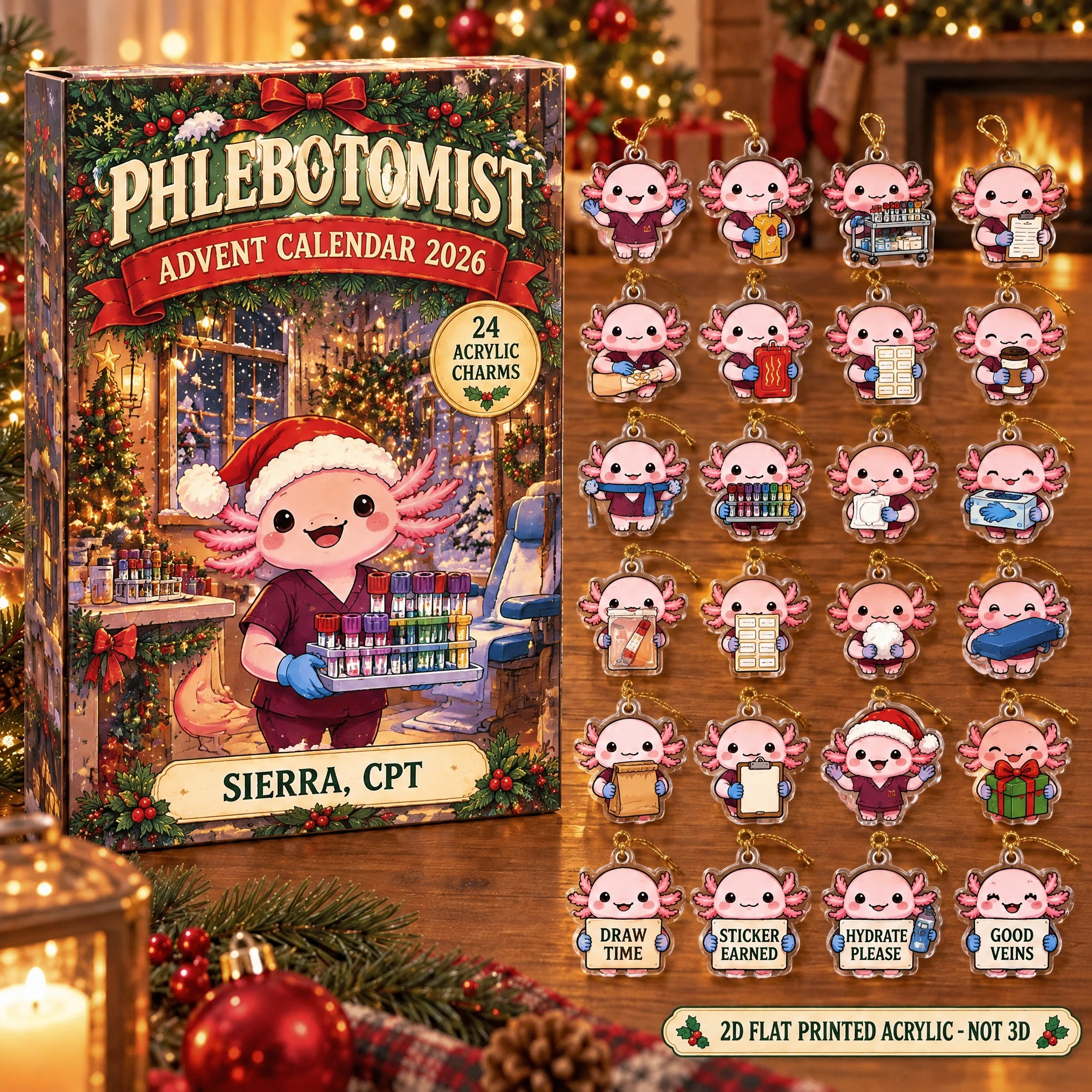 Personalized Phlebotomist Axolotl advent calendar box with 24 flat acrylic Christmas charms