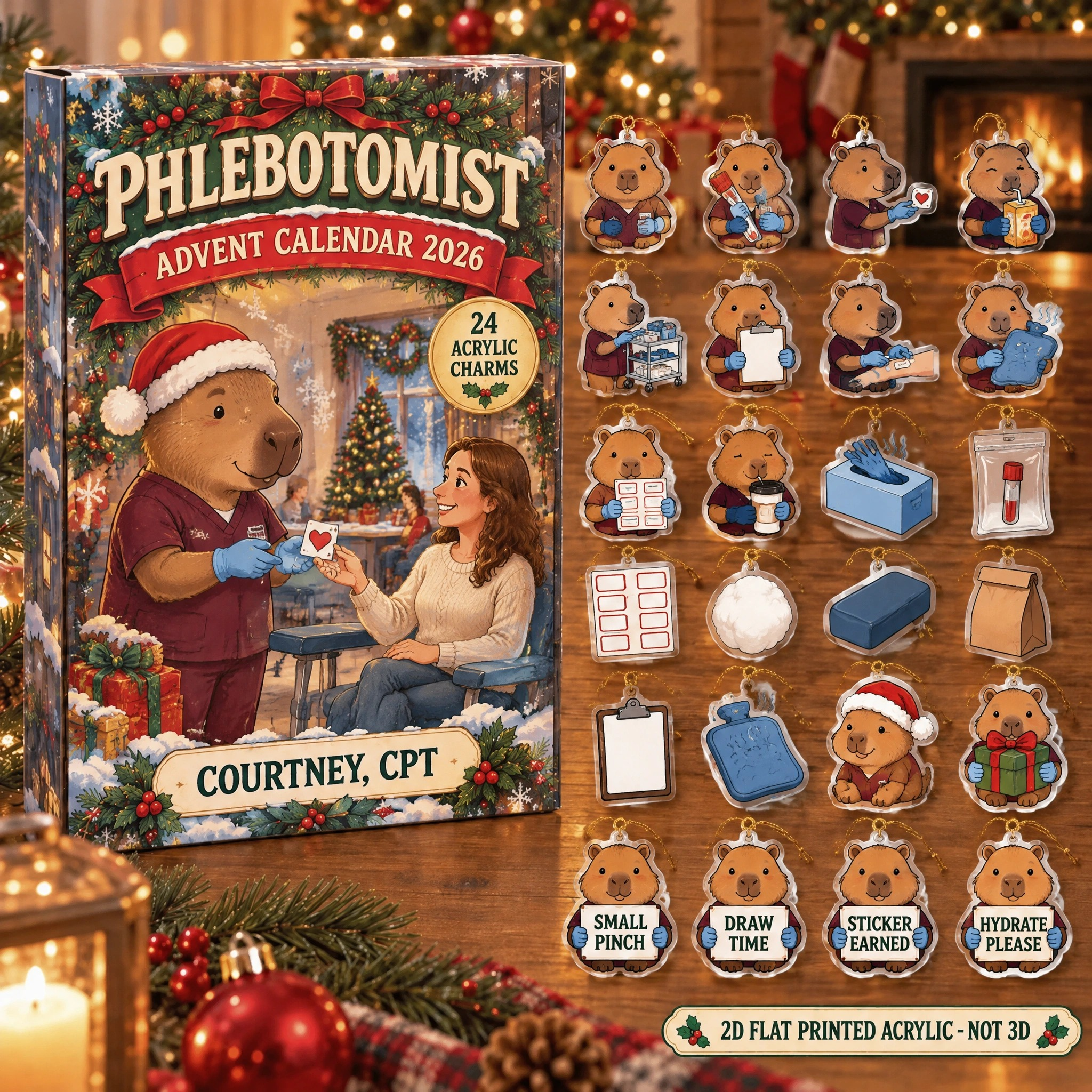 Personalized Phlebotomist Capybara advent calendar box with 24 flat acrylic Christmas charms