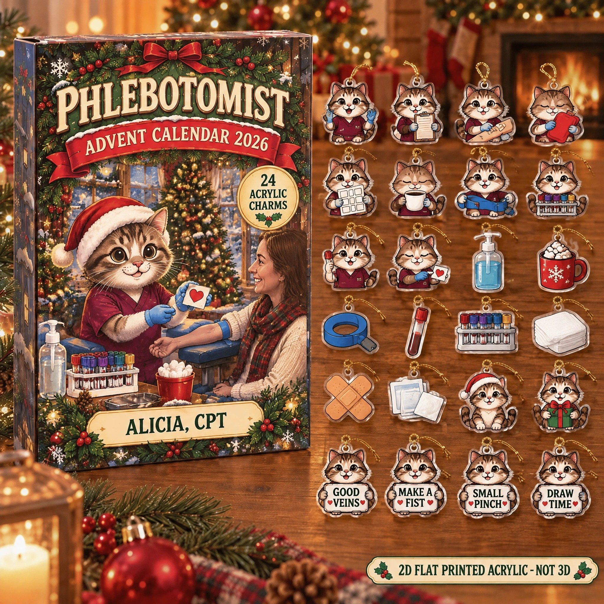 Personalized Phlebotomist Cat advent calendar box with 24 flat acrylic Christmas charms