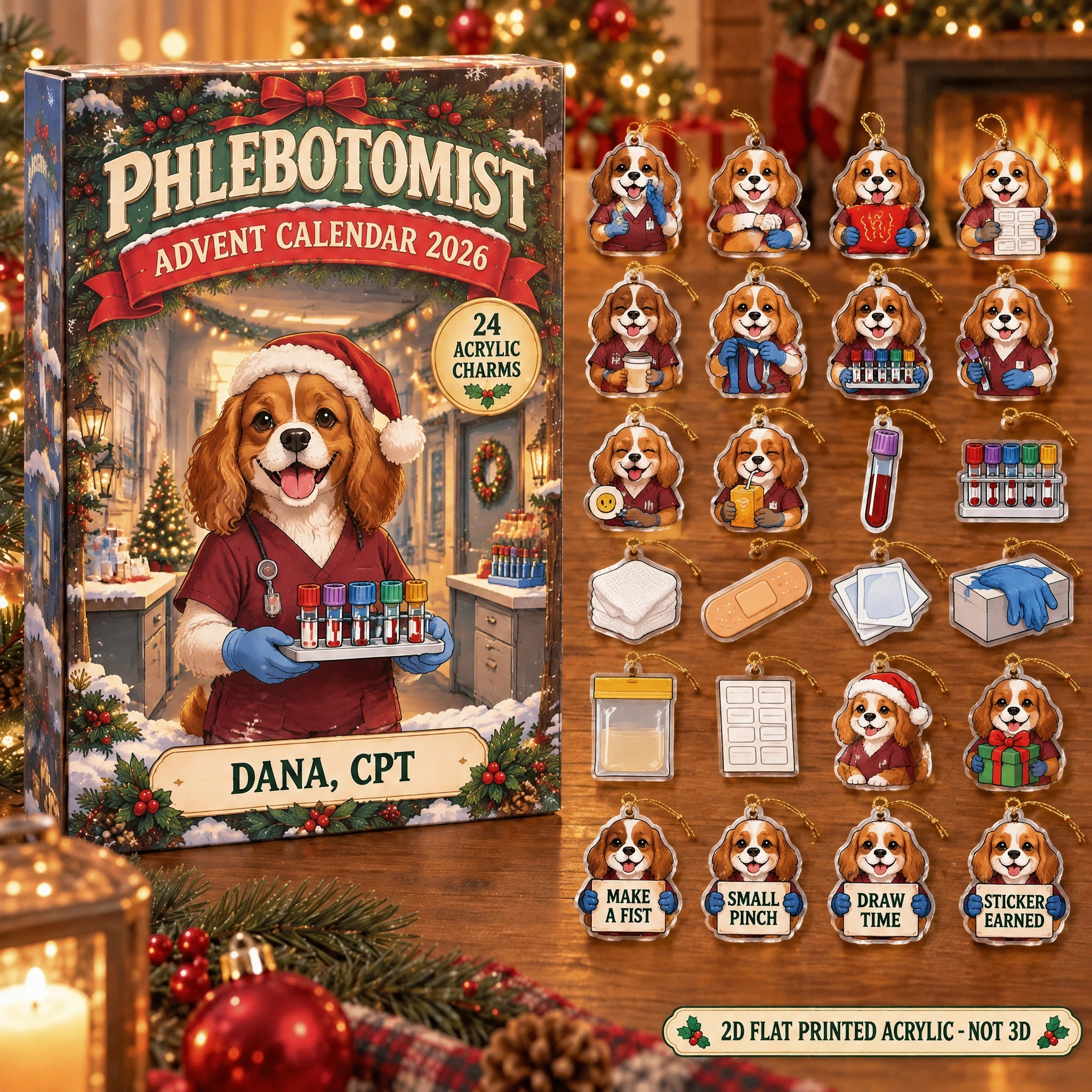 Personalized Phlebotomist Dog advent calendar box with 24 flat acrylic Christmas charms
