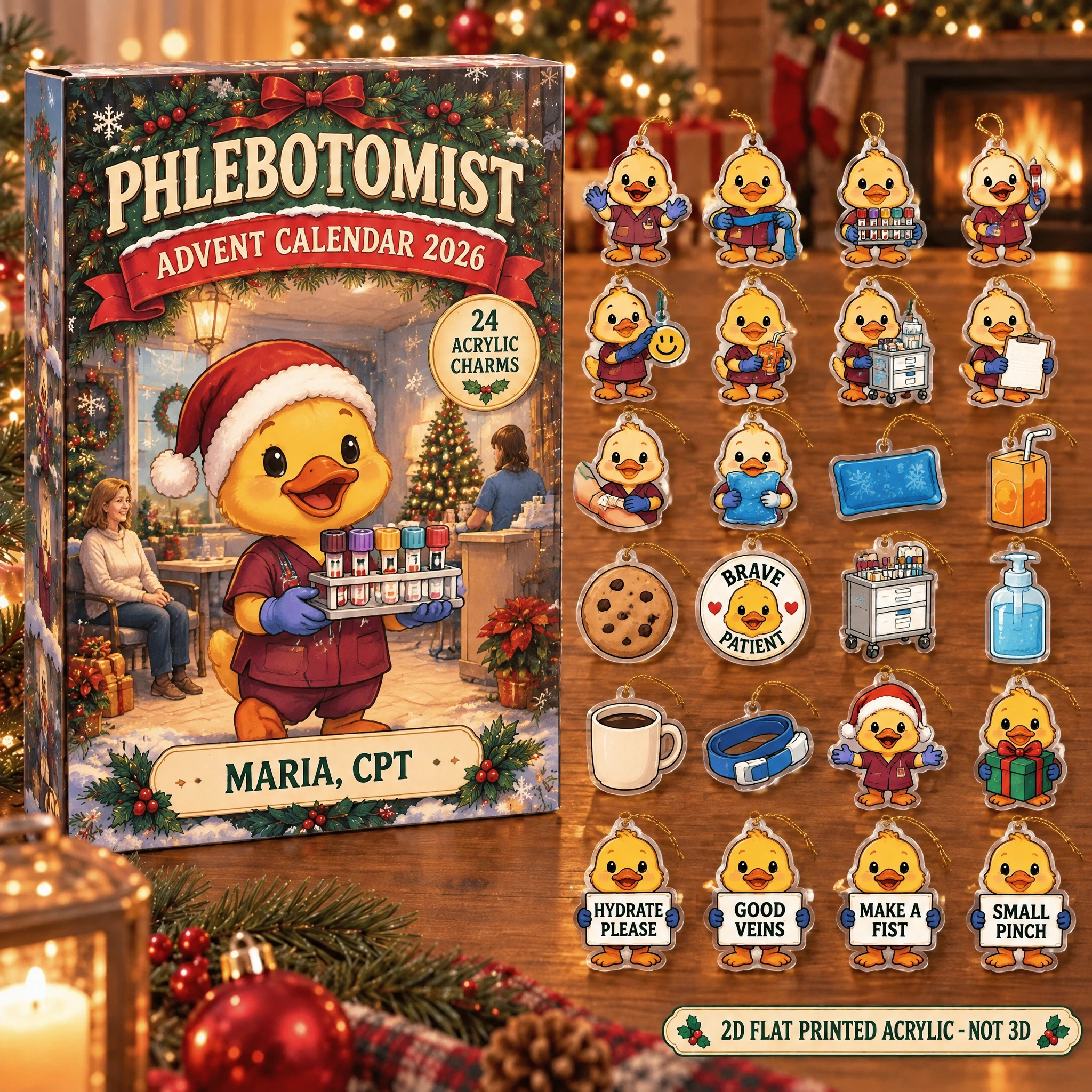 Personalized Phlebotomist Duck advent calendar box with 24 flat acrylic Christmas charms