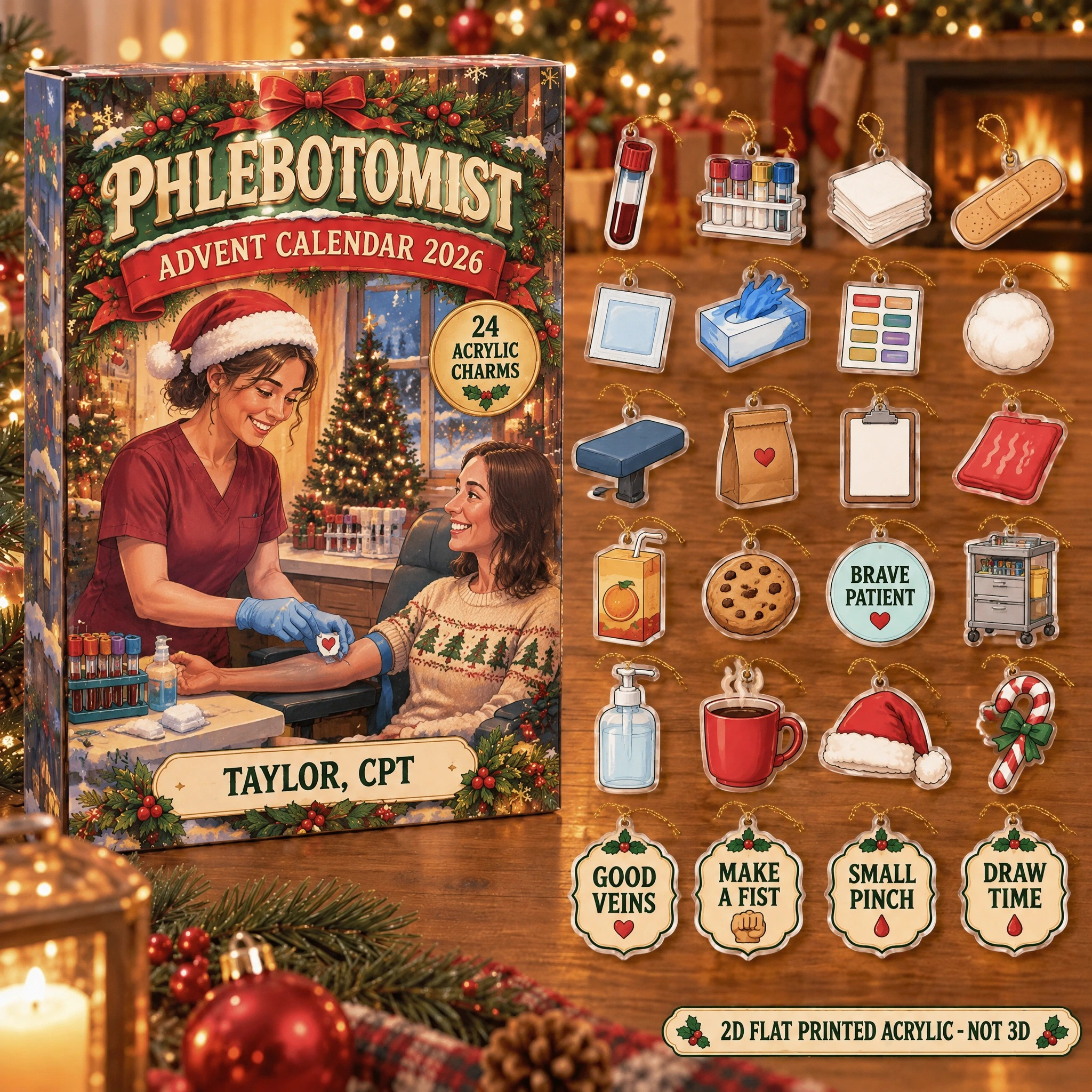 Personalized Phlebotomist Essentials advent calendar box with 24 flat acrylic Christmas charms