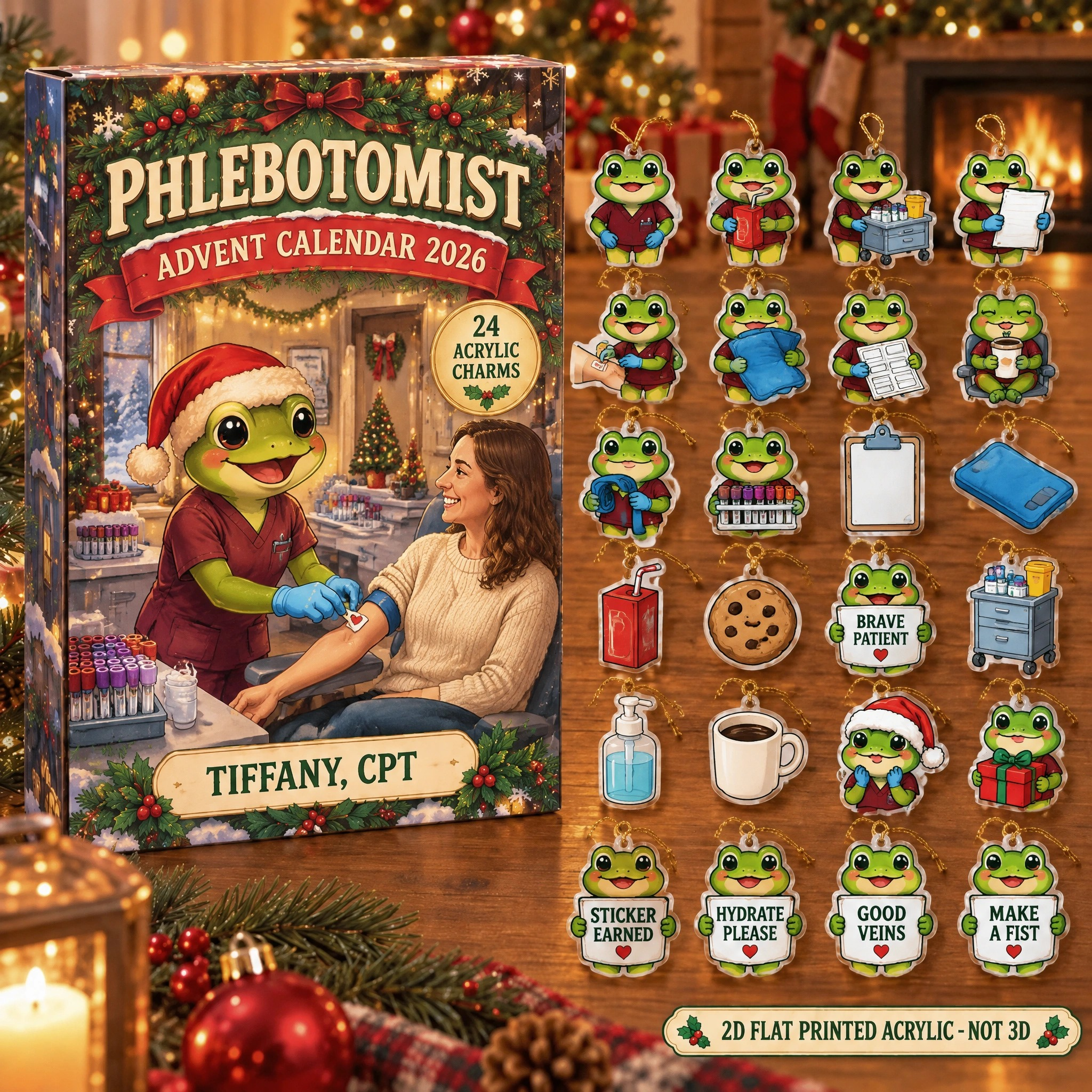 Personalized Phlebotomist Frog advent calendar box with 24 flat acrylic Christmas charms