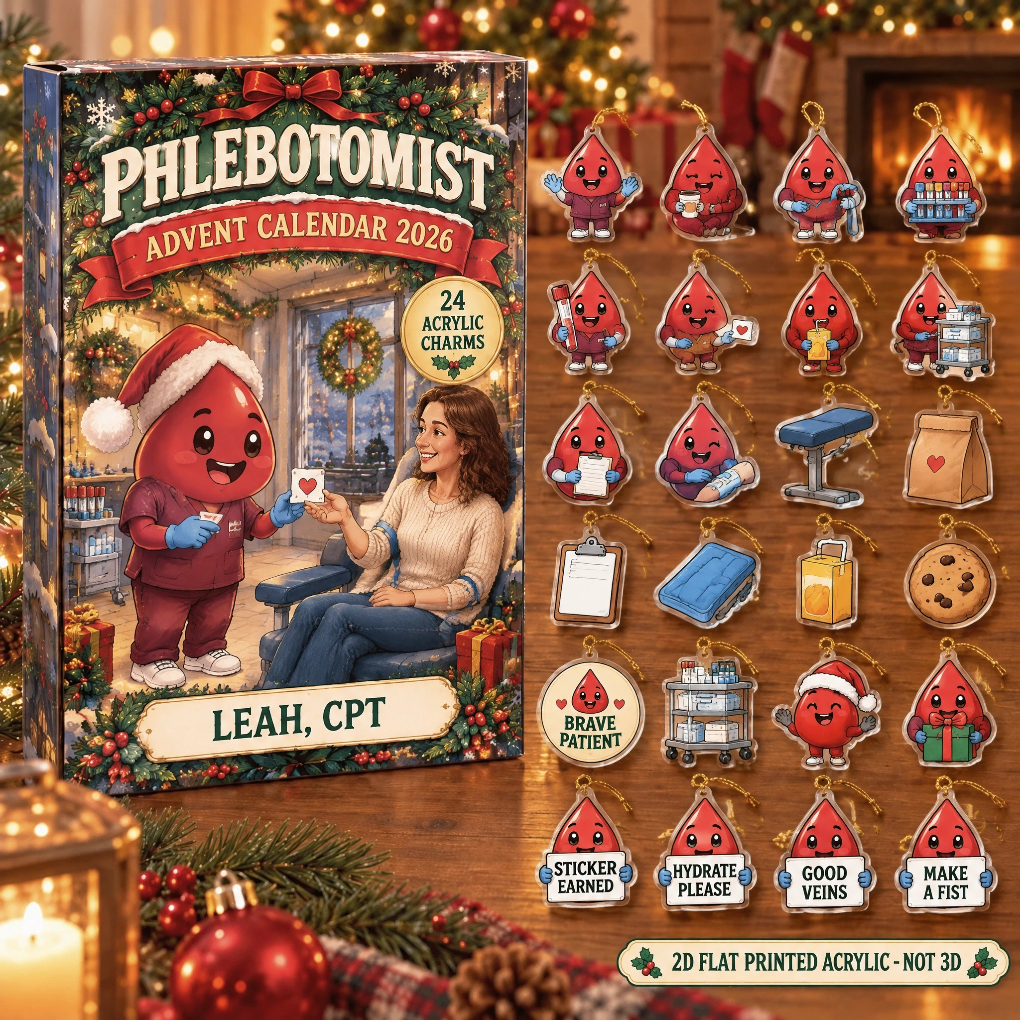 Personalized Funny Anatomy Phlebotomist advent calendar box with 24 flat acrylic Christmas charms
