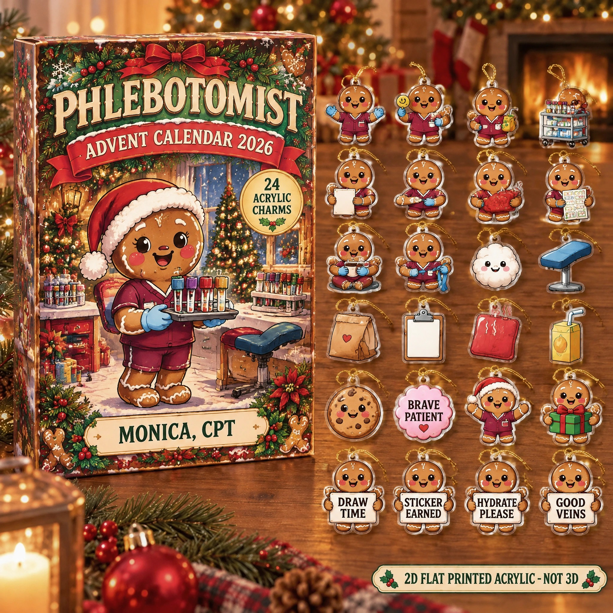 Personalized Gingerbread Phlebotomist advent calendar box with 24 flat acrylic Christmas charms