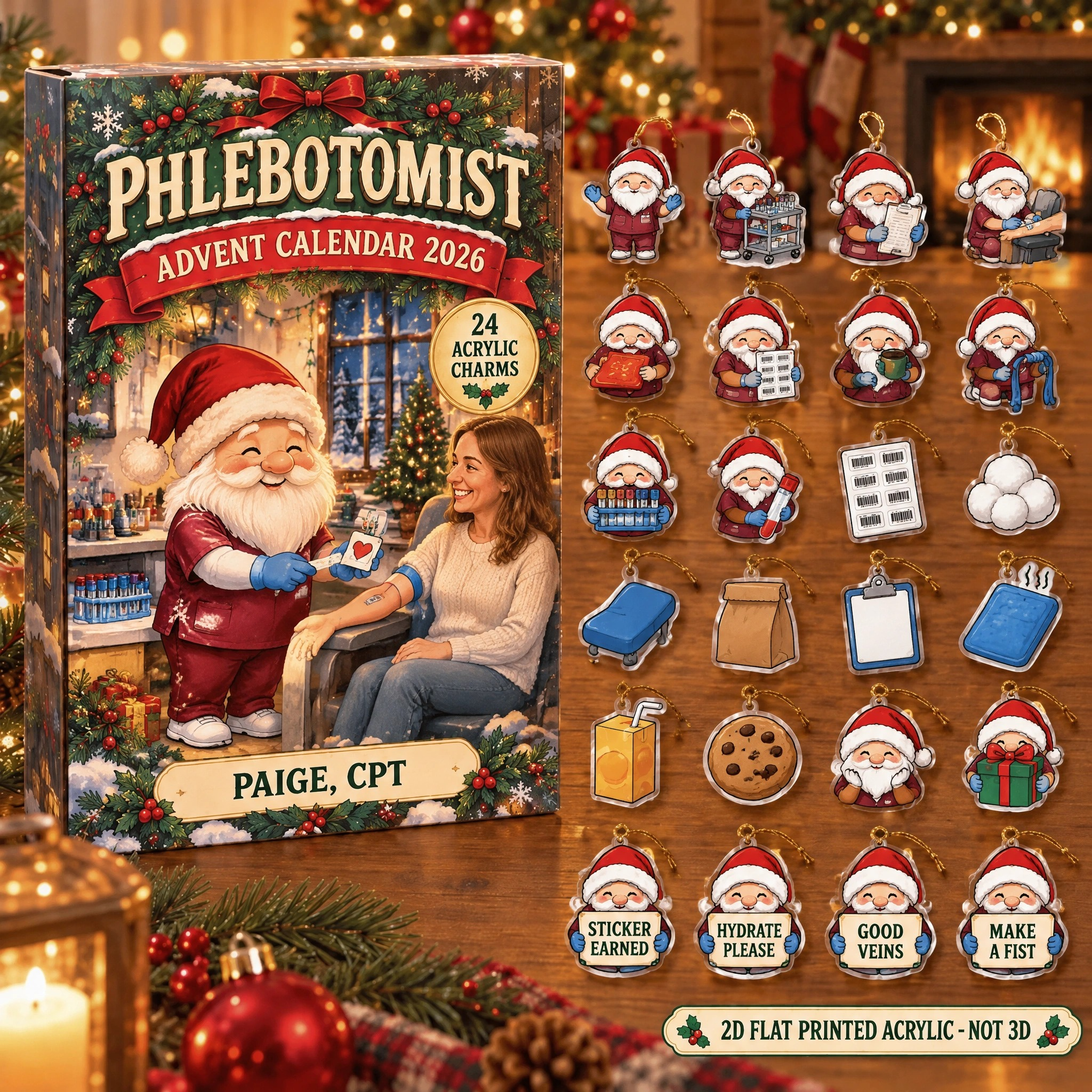 Personalized Phlebotomist Gnome advent calendar box with 24 flat acrylic Christmas charms