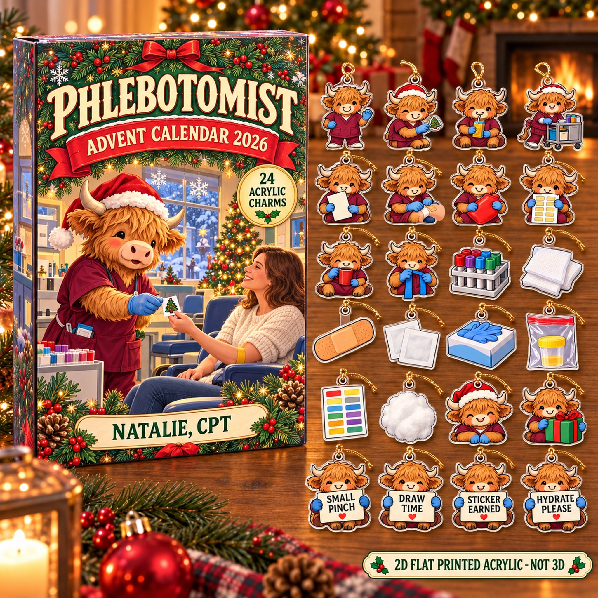 Personalized Phlebotomist Highland Cow advent calendar box with 24 flat acrylic Christmas charms