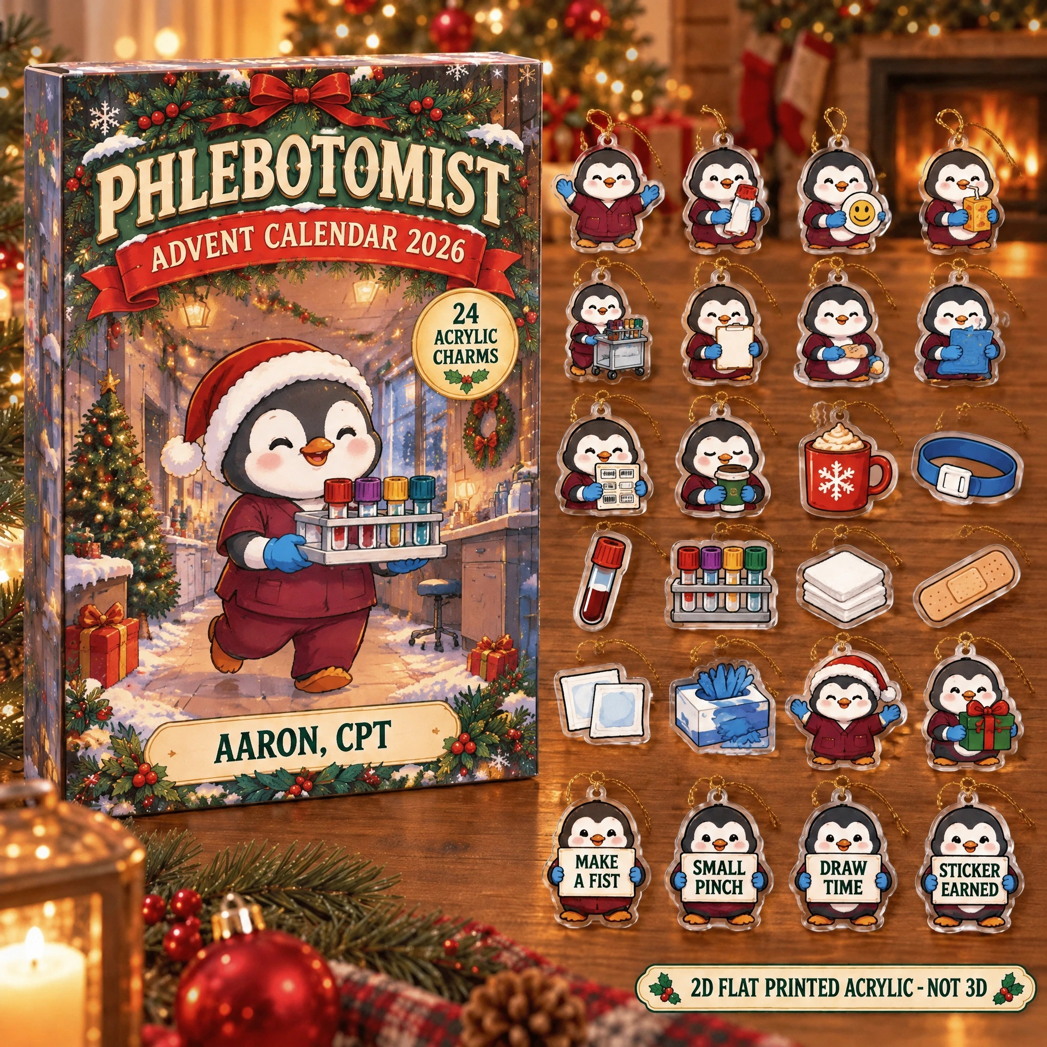 Personalized Phlebotomist Penguin advent calendar box with 24 flat acrylic Christmas charms