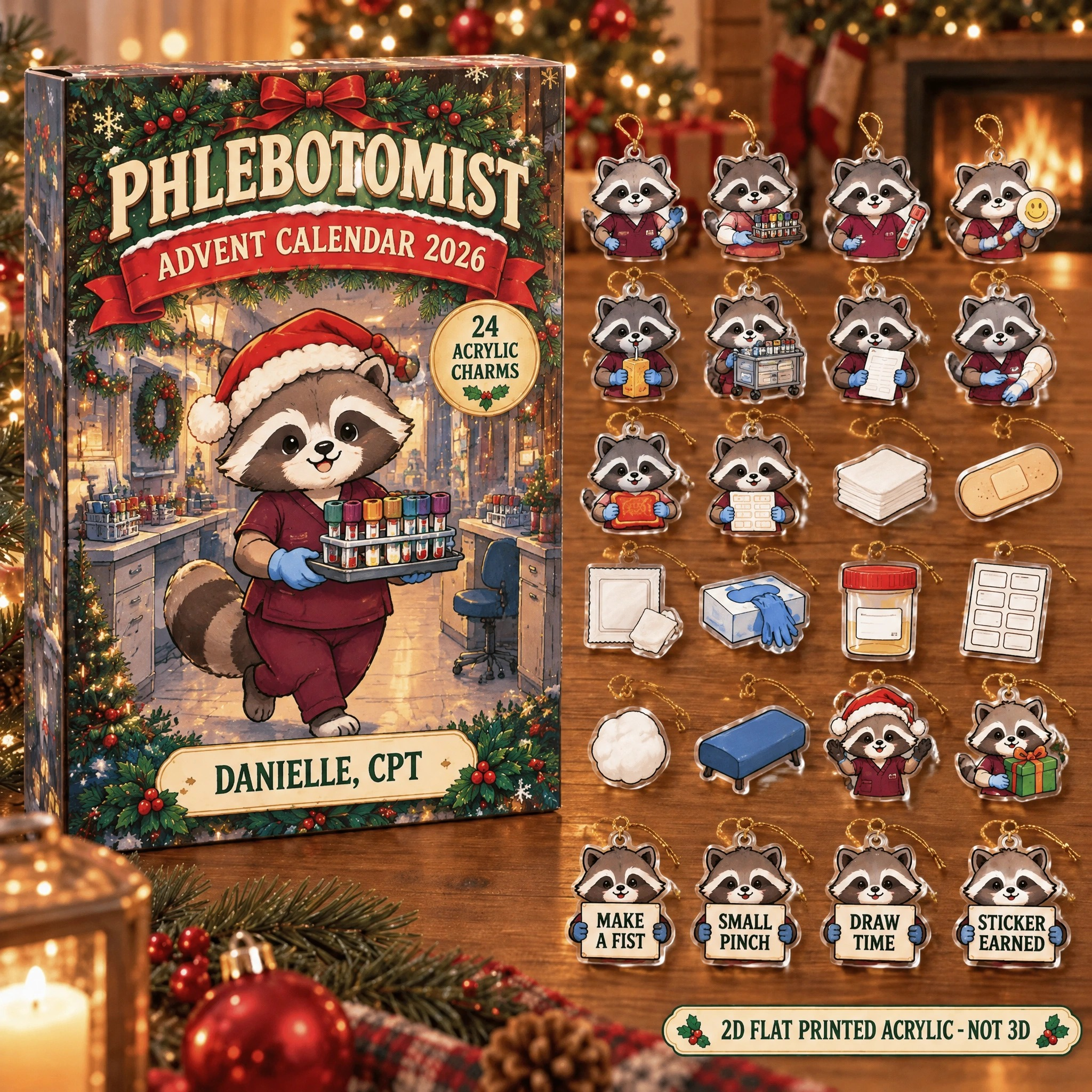 Personalized Phlebotomist Raccoon advent calendar box with 24 flat acrylic Christmas charms