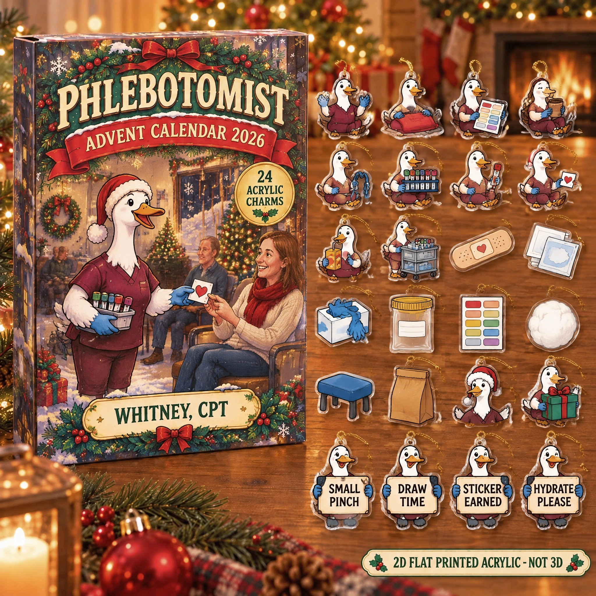 Personalized Phlebotomist Silly Goose advent calendar box with 24 flat acrylic Christmas charms