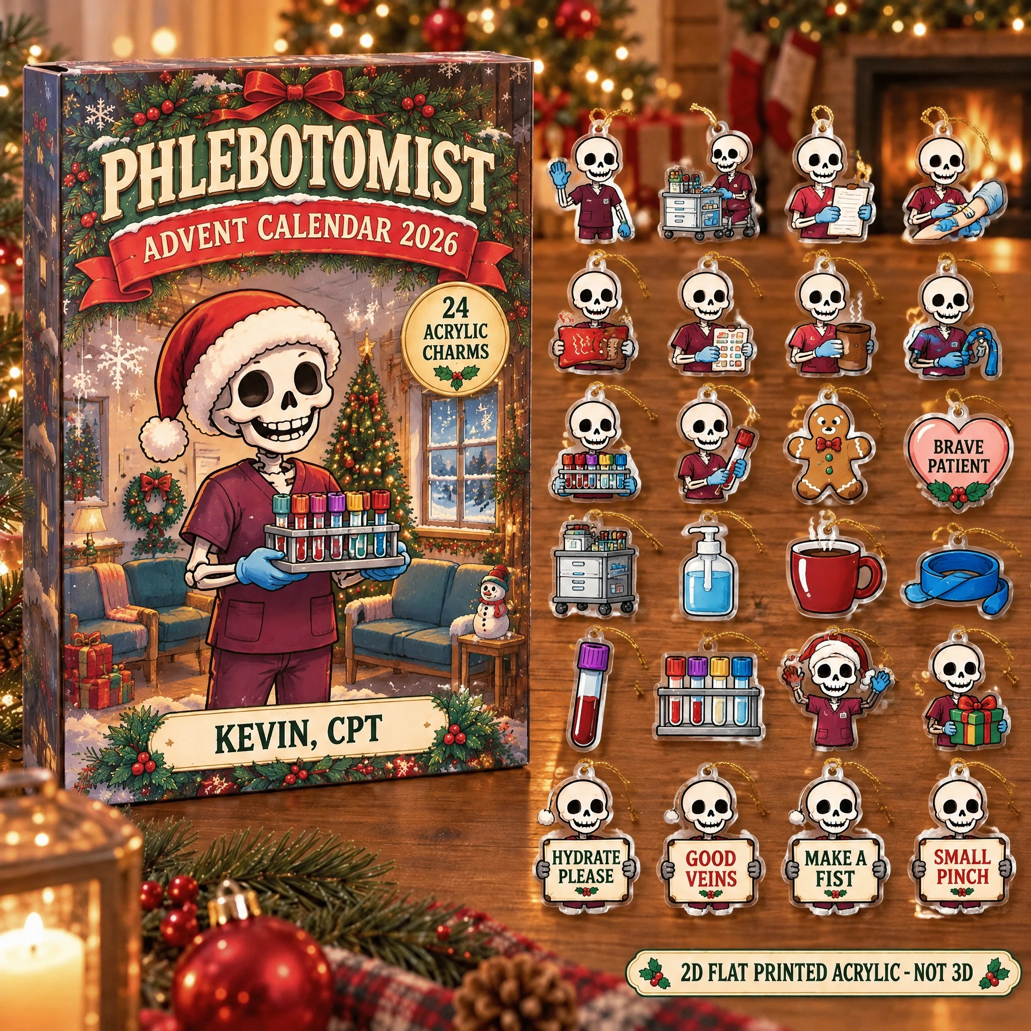 Personalized Phlebotomist Skeleton advent calendar box with 24 flat acrylic Christmas charms