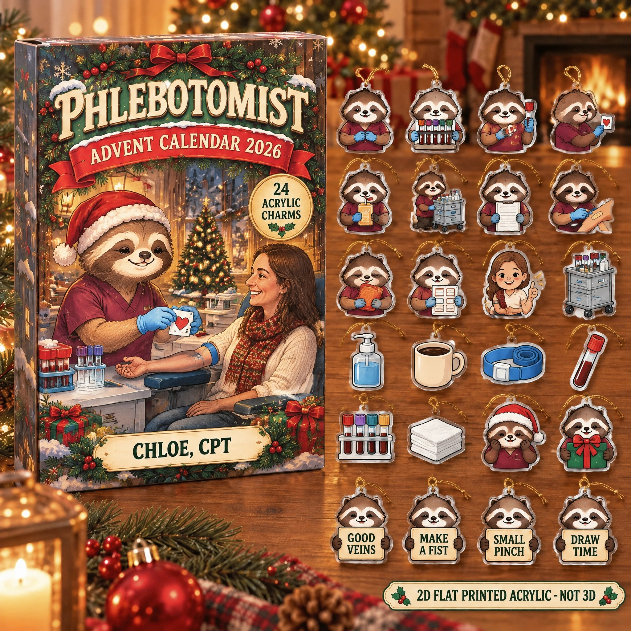 Personalized Phlebotomist Sloth advent calendar box with 24 flat acrylic Christmas charms
