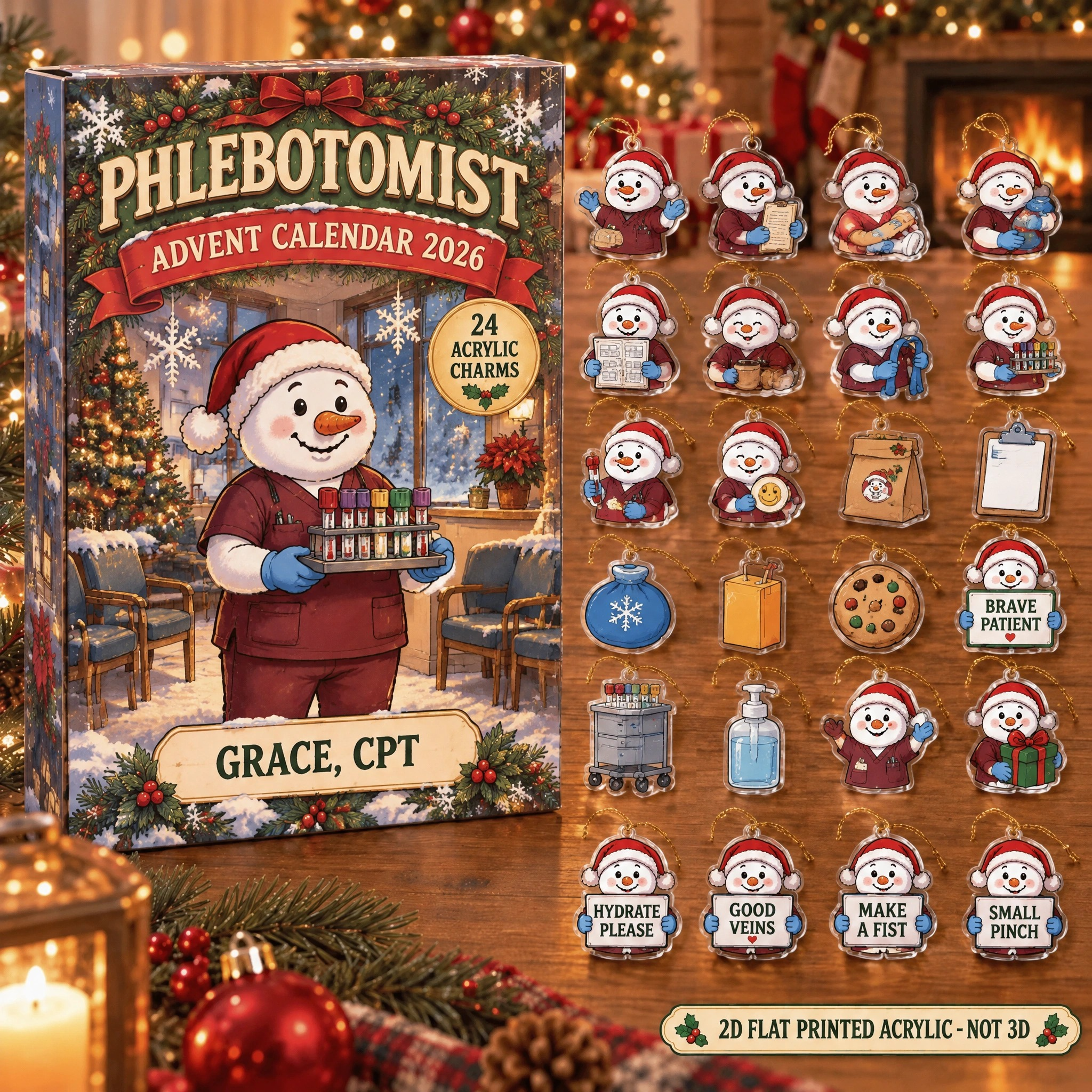 Personalized Phlebotomist Snowman advent calendar box with 24 flat acrylic Christmas charms