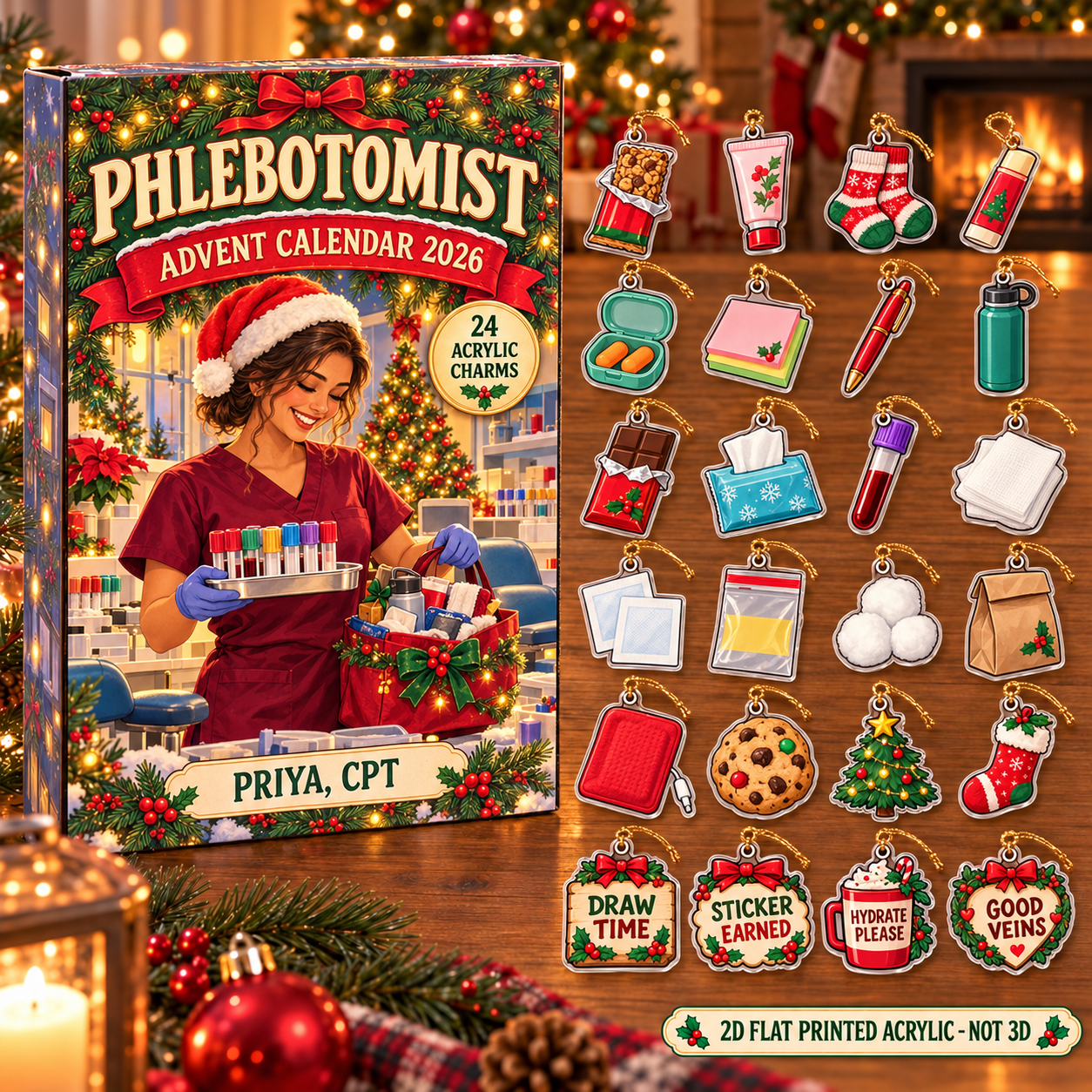 Personalized Phlebotomist Survival Kit advent calendar box with 24 flat acrylic Christmas charms