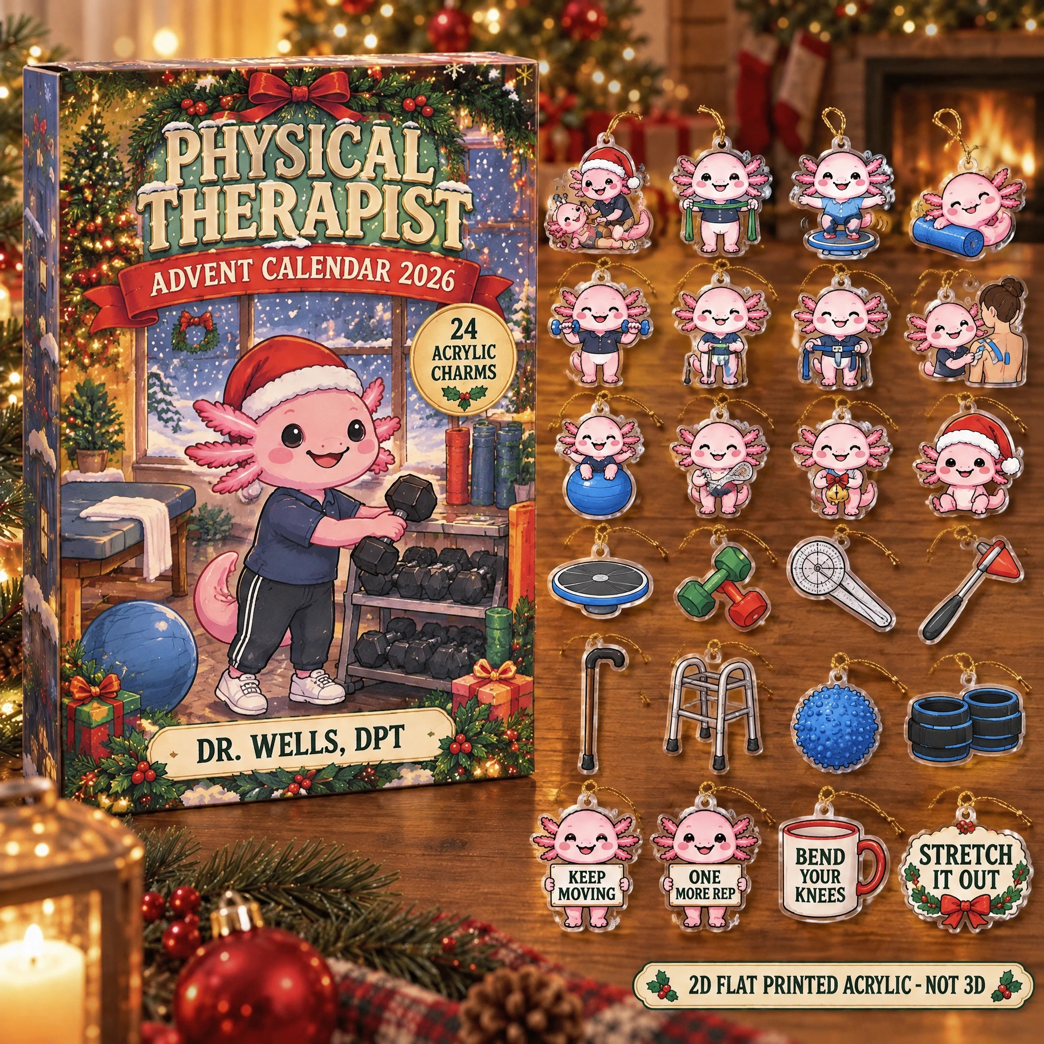 Personalized Physical Therapist Axolotl advent calendar box with 24 flat acrylic Christmas charms