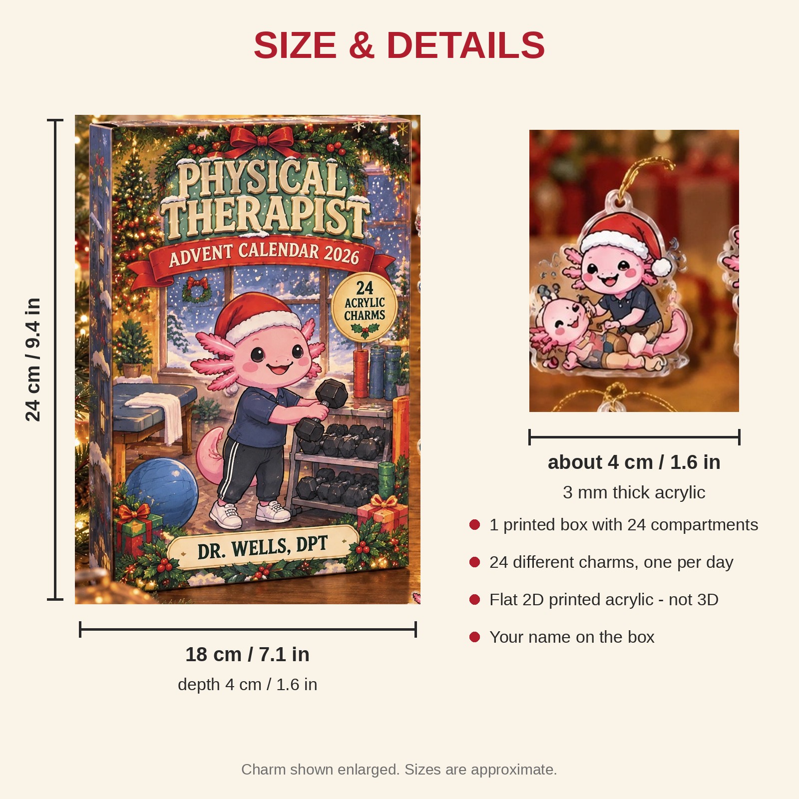 Personalized Physical Therapist Axolotl advent calendar box with 24 flat acrylic Christmas charms: box and charm sizes